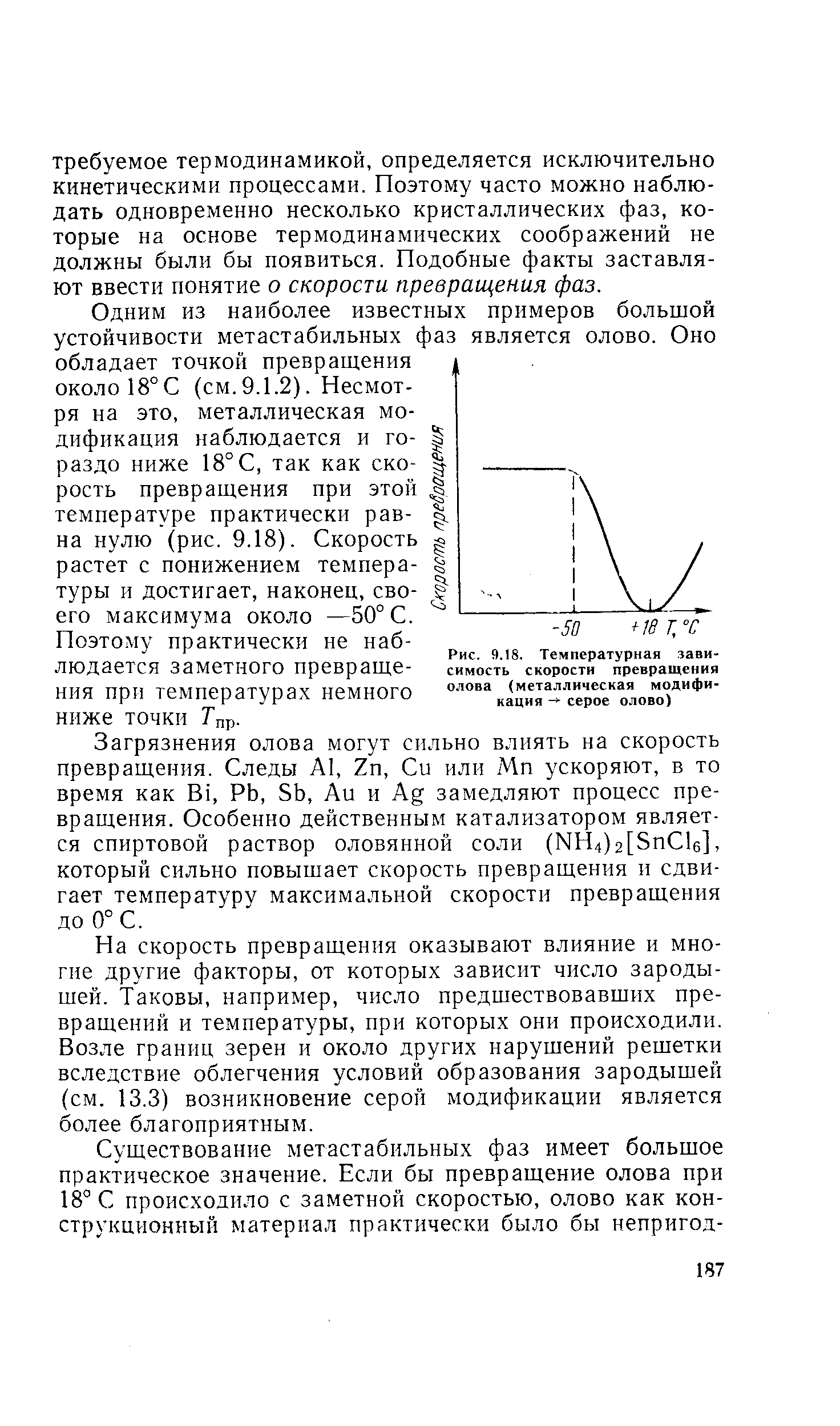 Одним из наиболее известных примеров большой устойчивости метастабильных фаз является олово. Оно обладает точкой превращения около 18°С (см.9.1.2). Несмотря на это, металлическая модификация наблюдается и гораздо ниже 18° С, так как скорость превращения при этой температуре практически равна нулю (рис. 9.18). Скорость растет с понижением температуры и достигает, наконец, своего максимума около —50° С.
