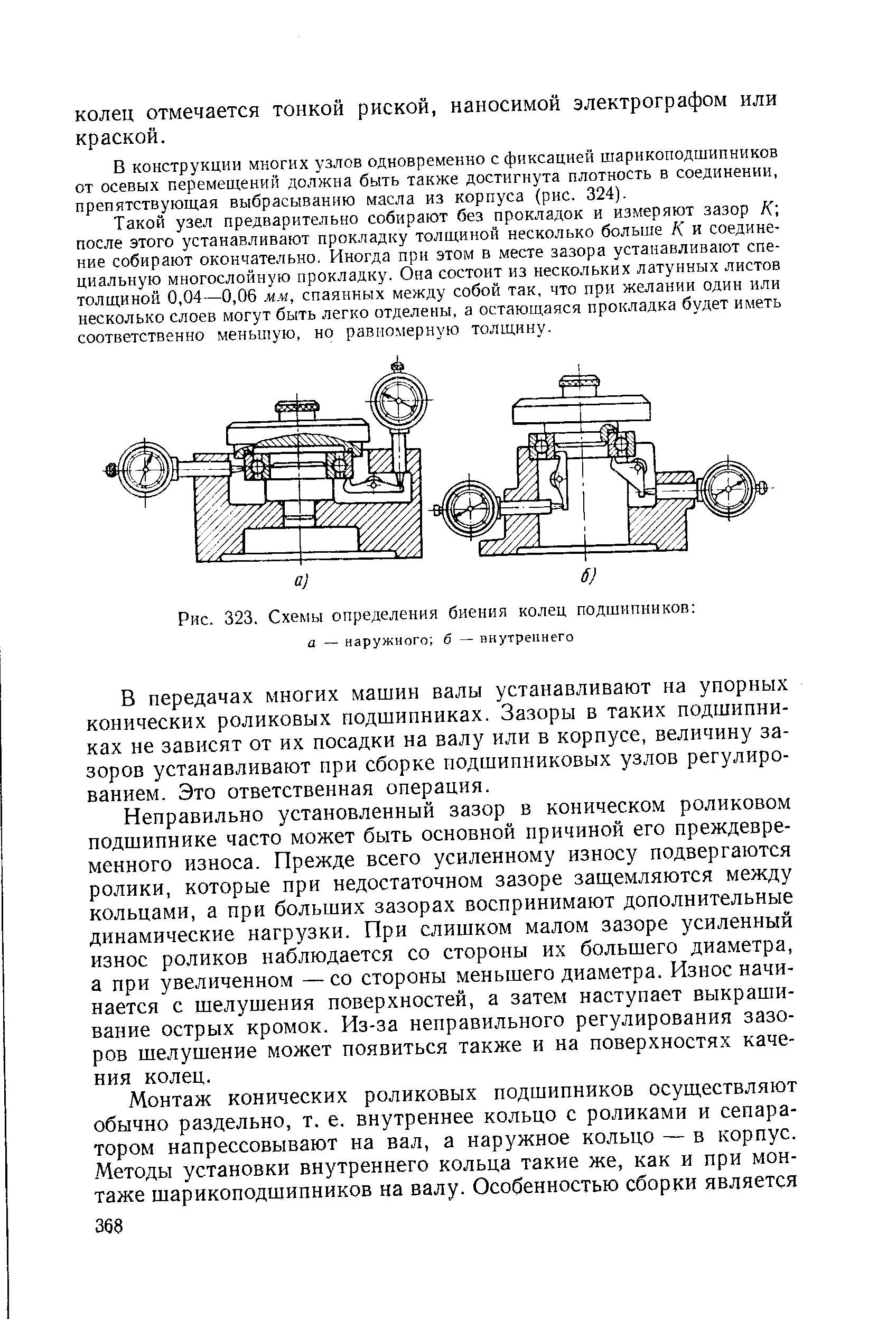 Рис. 323. <a href="/info/123123">Схемы определения</a> биения колец подшипникоп а — наружного б — внутреннего
