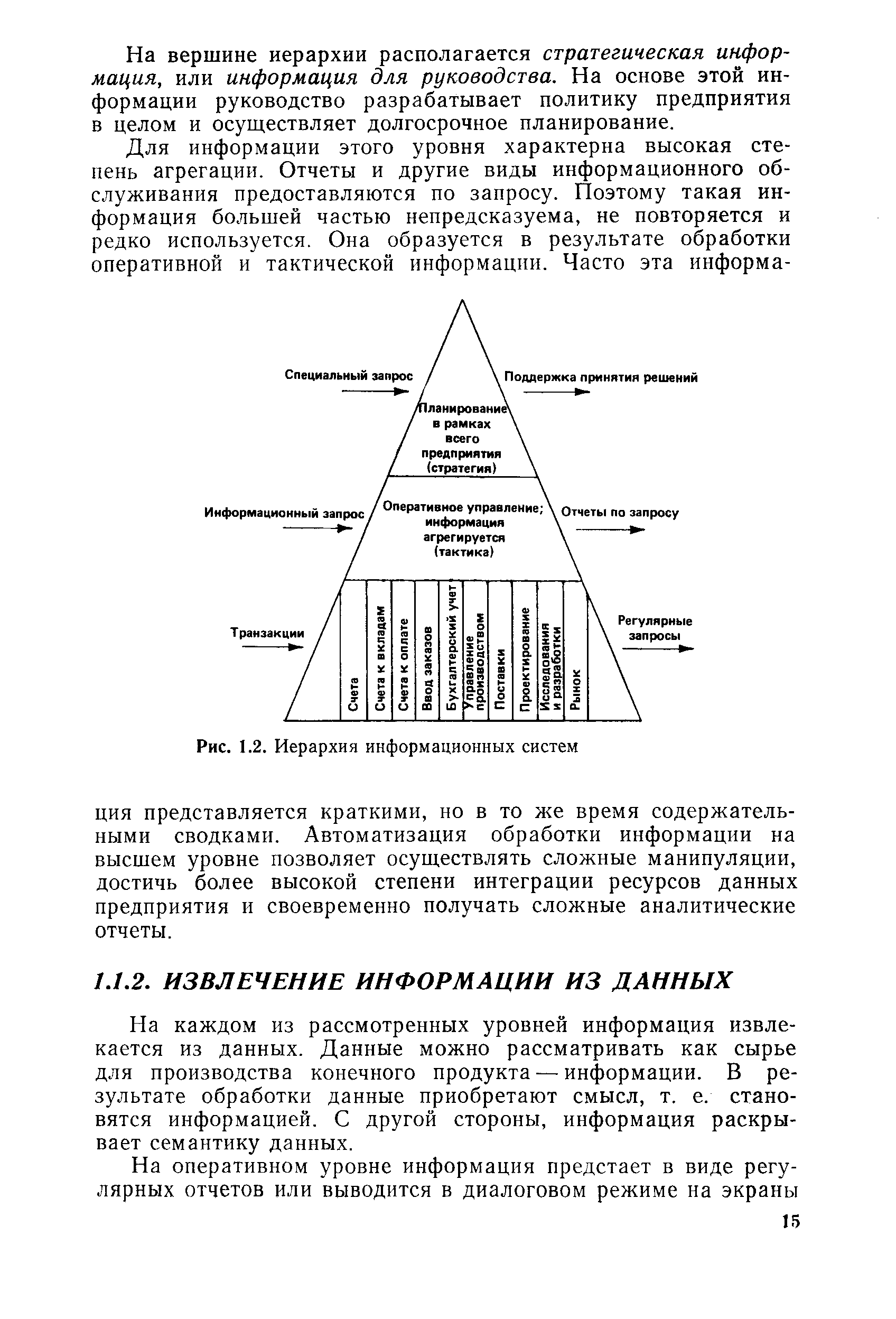 На каждом из рассмотренных уровней информация извлекается из данных. Данные можно рассматривать как сырье для производства конечного продукта — информации. В результате обработки данные приобретают смысл, т. е. становятся информацией. С другой стороны, информация раскрывает семантику данных.
