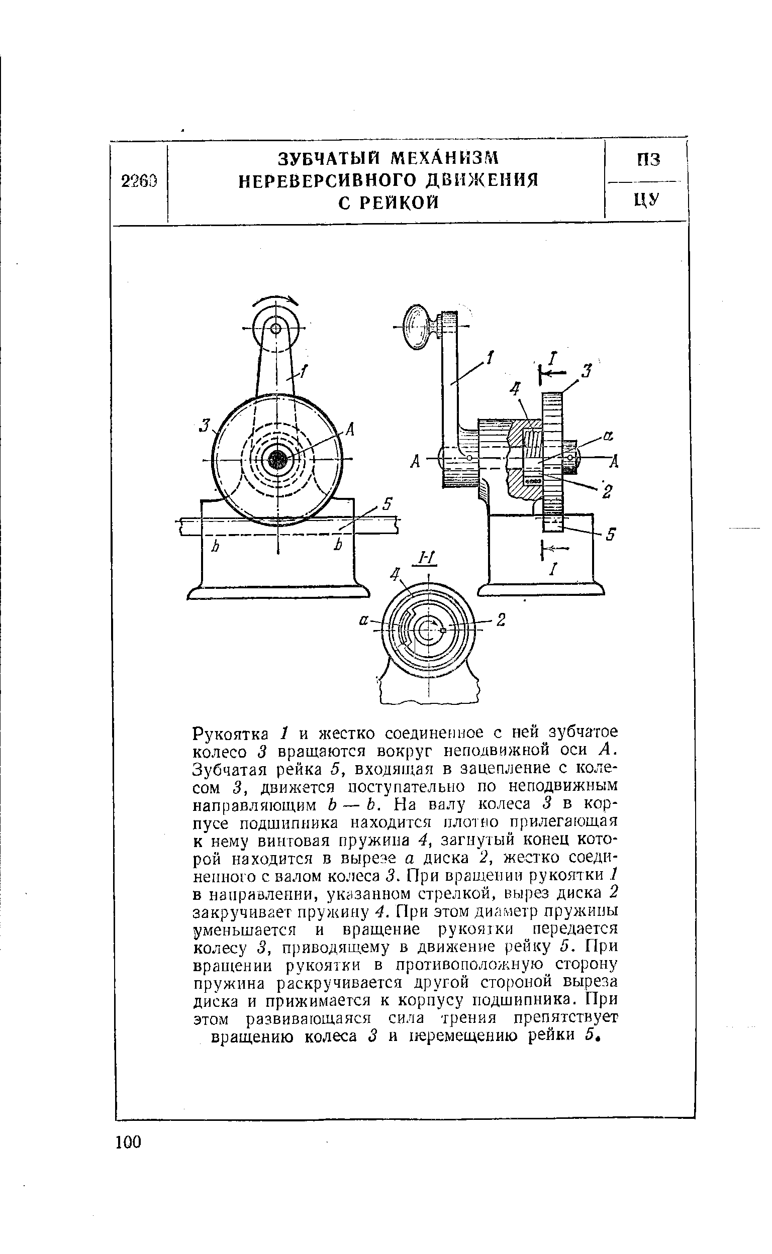 Рукоятка 1 и жестко соединенное с ней зубчатое колесо 3 вращаются вокруг неподвижной оси А. Зубчатая рейка 5, входящая в зацепление с колесом 3, движется поступательно по неподвижным направляющим Ь — Ь. На валу колеса 3 в корпусе подшипника находится плотно прилегающая к нему винтовая пружина 4, загну 1ый конец которой находится в выреза а диска 2, жестко соединенного с валом колеса 3. При вращении рукоятки. / в наирявлепни, указанном стрелкой, вырез диска 2 закручивает пружину 4. При этом диаметр пружины уменьшается и вращение рукоятки передается колесу 3, приводящему в движение рейку 5. При вран(ении рукоятки в противоположную сторону пружина раскручивается другой стороной выреза диска и прижимается к корпусу нодщипника. При этом развивающаяся сила трения препятствует вращению колеса 3 и перемещению рейки 5.

