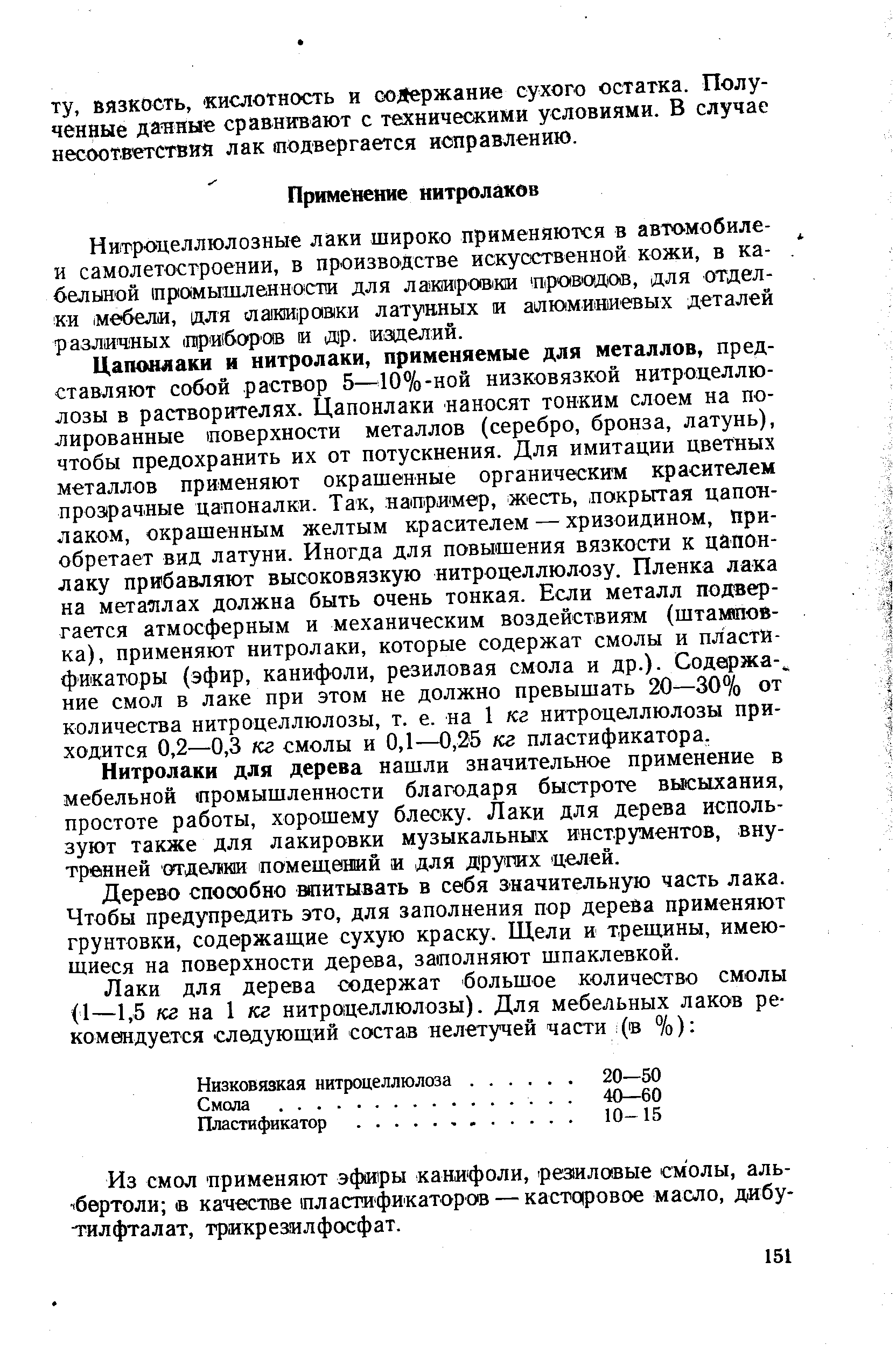 Нитролаки для дерева нашли значительное применение в мебельной (Промышленности благодаря быстроте высыхания, простоте работы, хорошему блеску. Лаки для дерева используют также для лакировки музыкальньгх инструментов, внутренней отдел(к1и помещений и для других целей.
