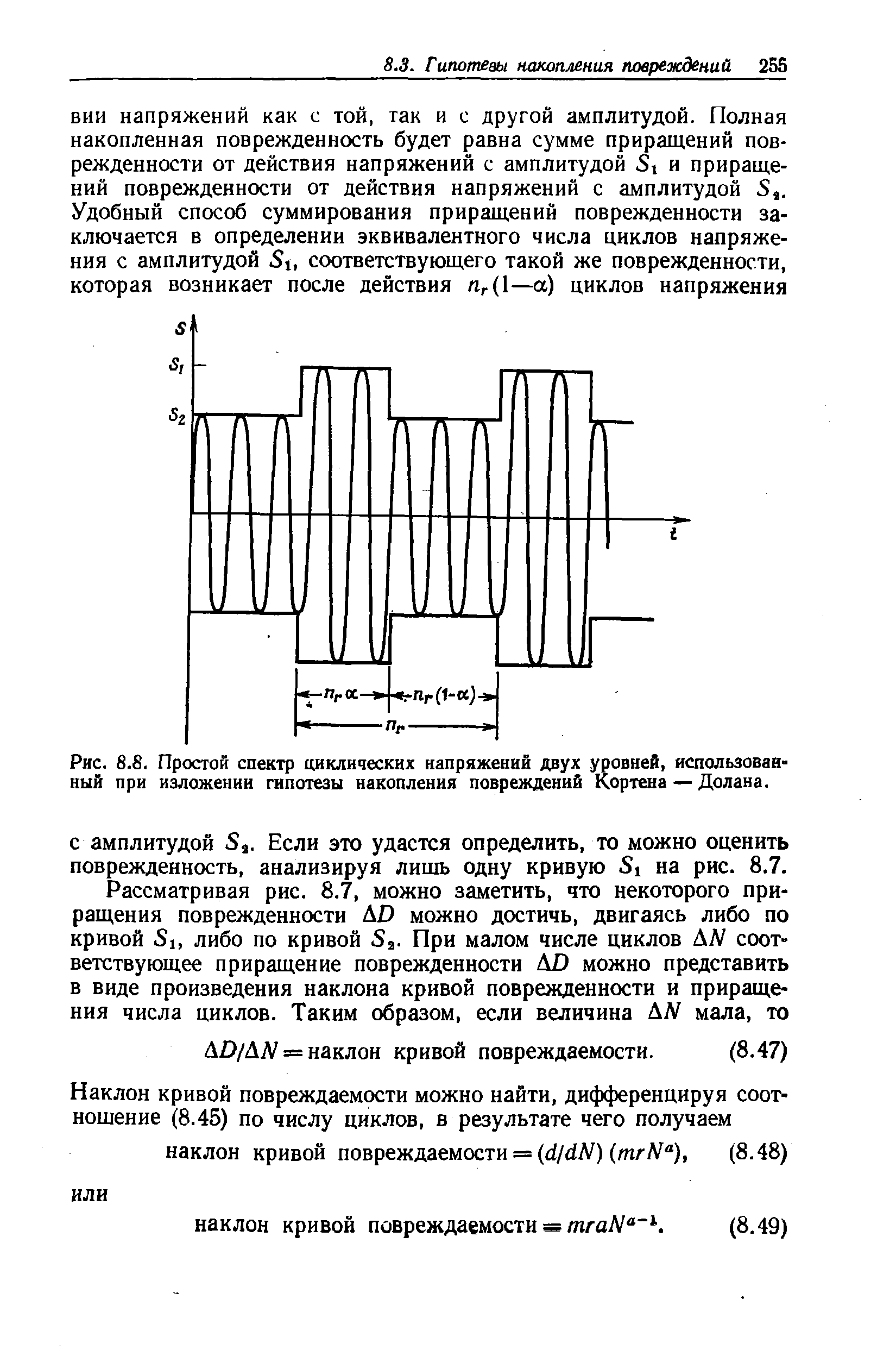 Рис. 8.8. Простой спектр циклических напряжений двух уровней, использованный при изложении гипотезы накопления повреждений Кортена — Долана.
