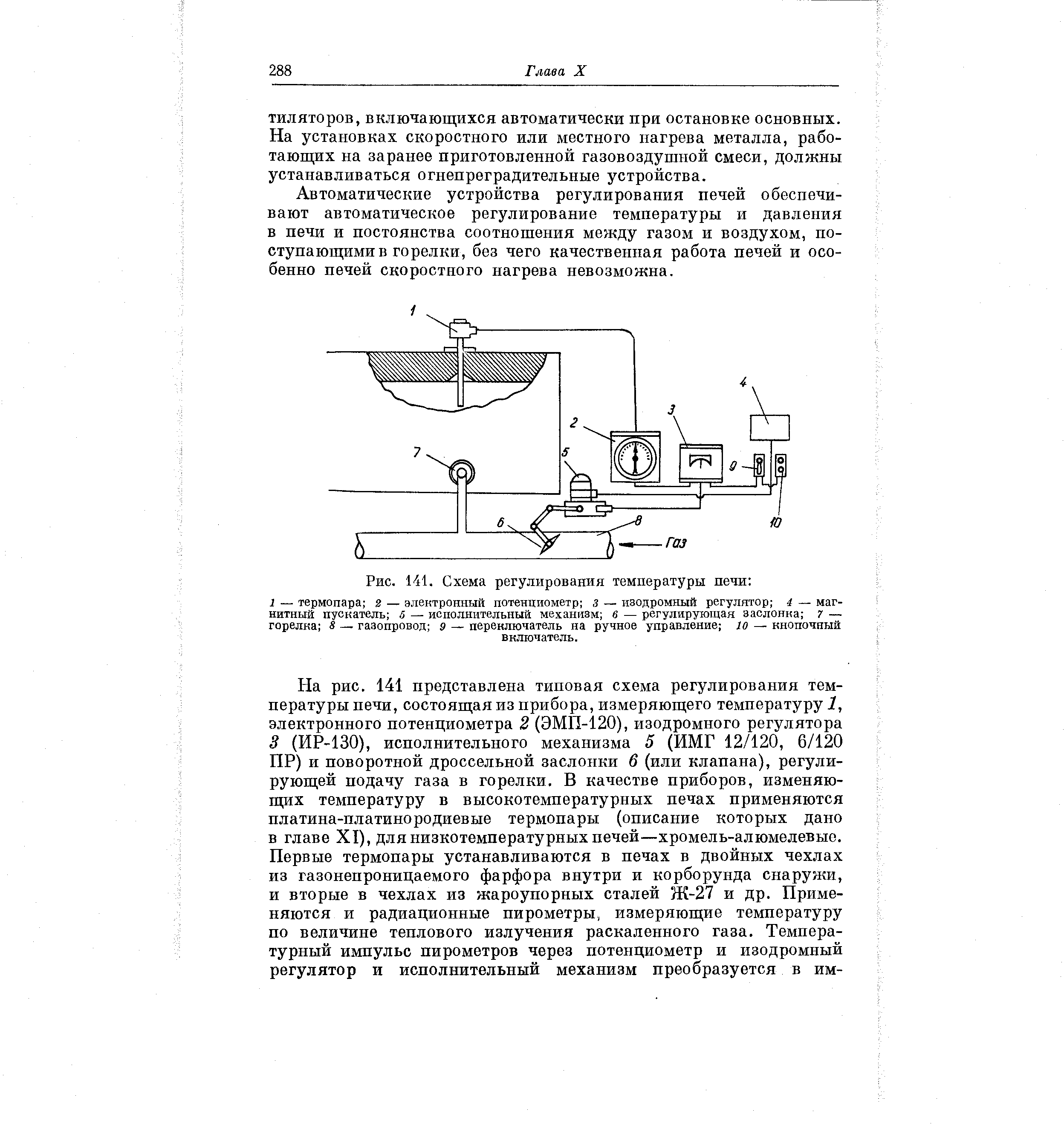 Автоматические устройства регулирования печей обеснечи-вают автоматическое регулирование температуры и давления в печи и постоянства соотношения между газом и воздухом, поступающими в горелки, без чего качественная работа печей и особенно печей скоростного нагрева невозможна.
