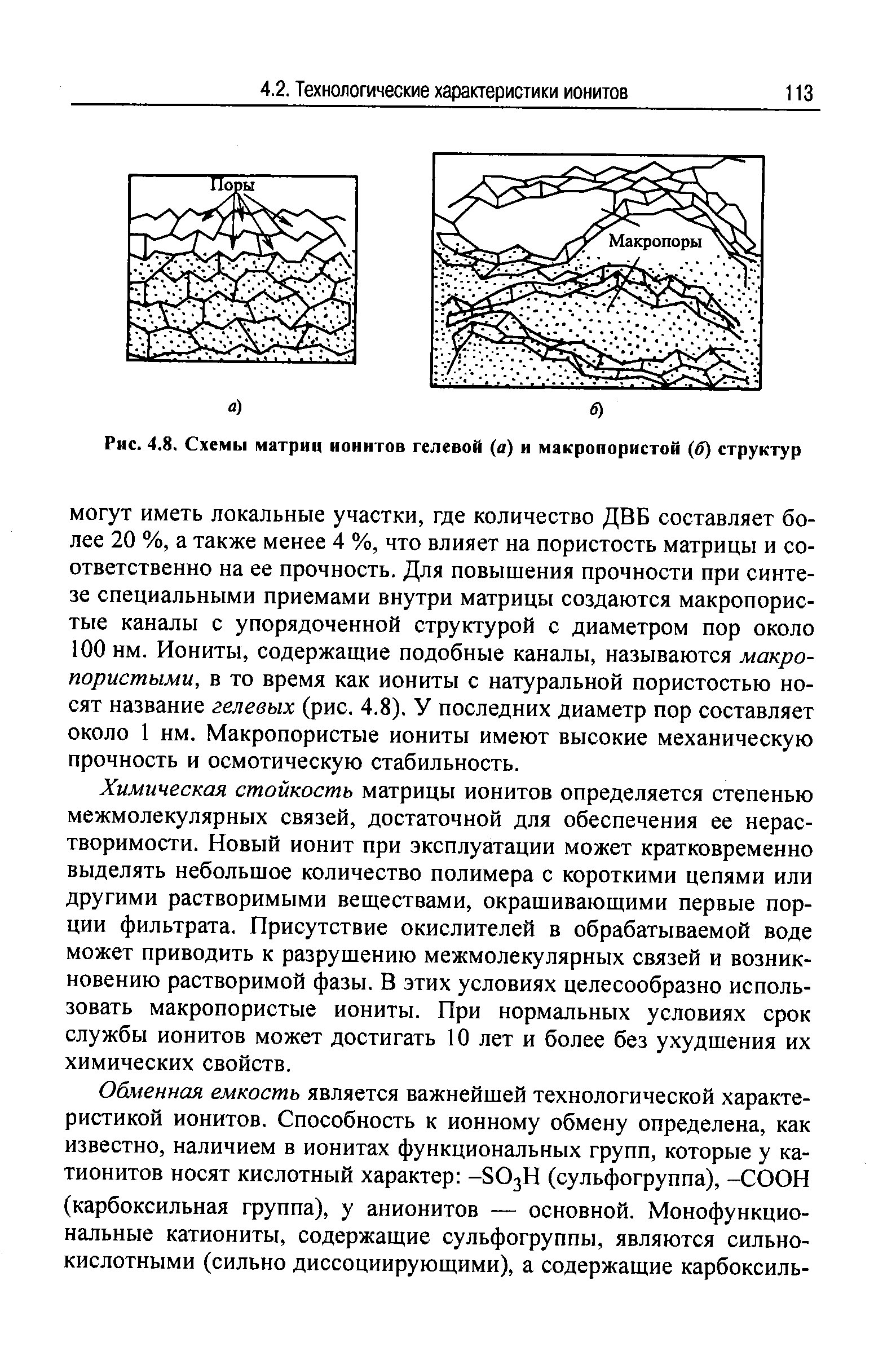 Рис. 4.8. Схемы матриц ионитов гелевой (а) и макропористой (б) структур
