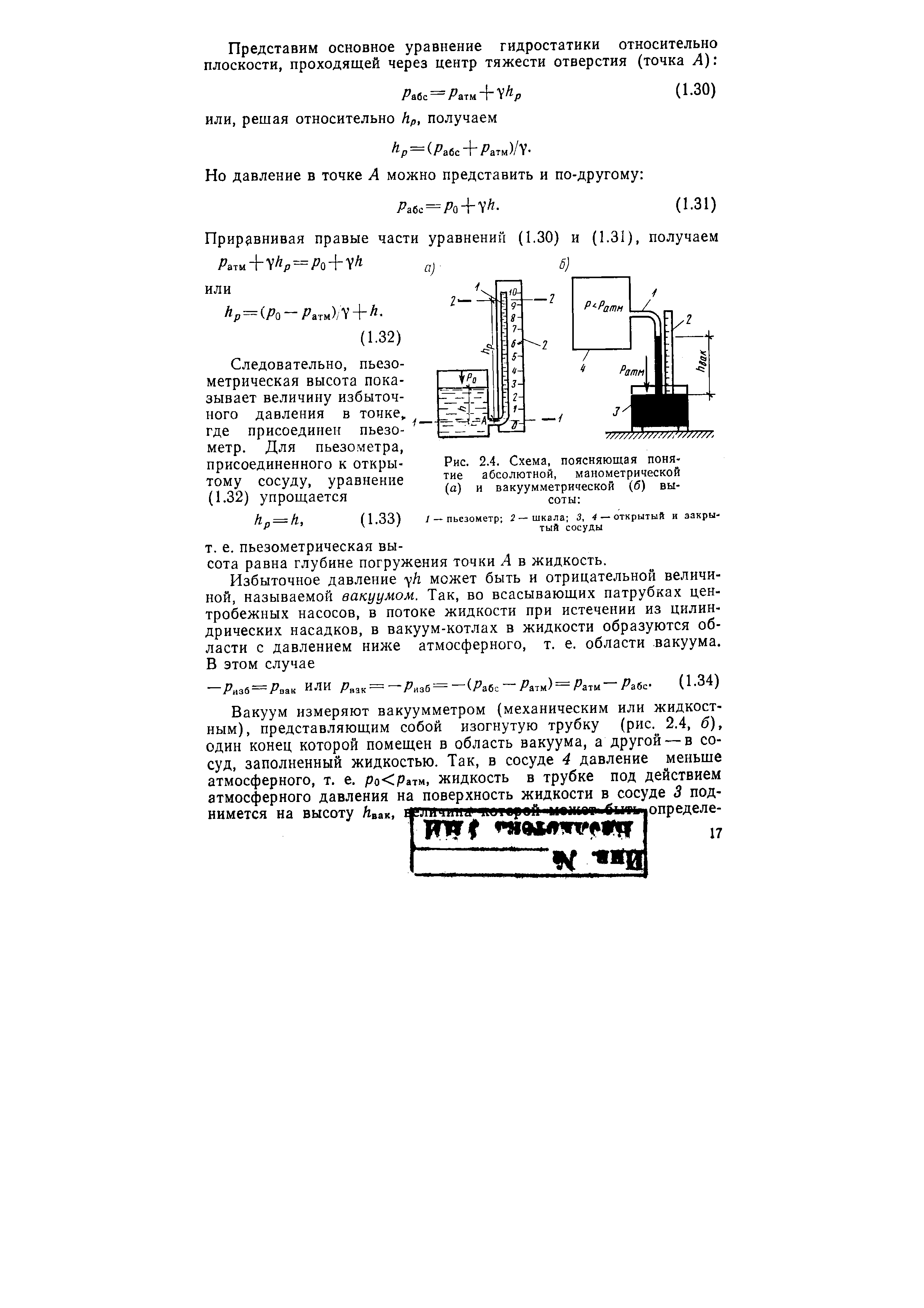 Рис. 2.4. Схема, поясняющая понятие абсолютной, манометрической (а) и вакуумметрической (б) высоты 
