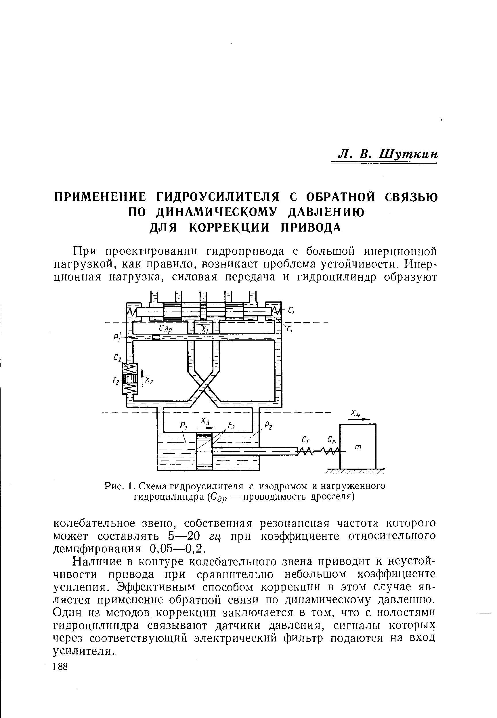 Рис. 1. Схема гидроусилителя с изодромом и нагруженного гидроцилнндра (Сдр — проводимость дросселя)
