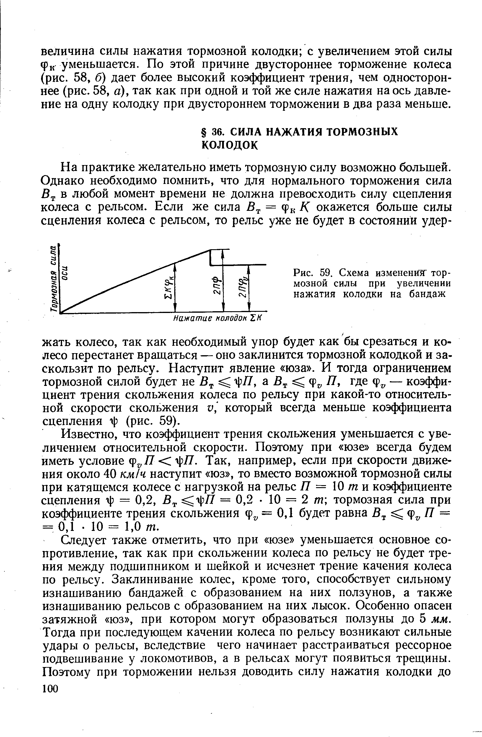 Известно, что коэффициент трения скольжения уменьшается с увеличением относительной скорости. Поэтому при юзе всегда будем иметь условие фг,Я П. Так, например, если при скорости движения около 40 км/ч наступит юз , то вместо возможной тормозной силы при катящемся колесе с нагрузкой на рельс Я = 10 /и и коэффициенте сцепления гр = 0,2, В рЯ = 0,2 10 = 2 т тормозная сила при коэффициенте трения скольжения ф , = 0,1 будет равна В ф , Я = = 0,1 10 = 1,0 т.
