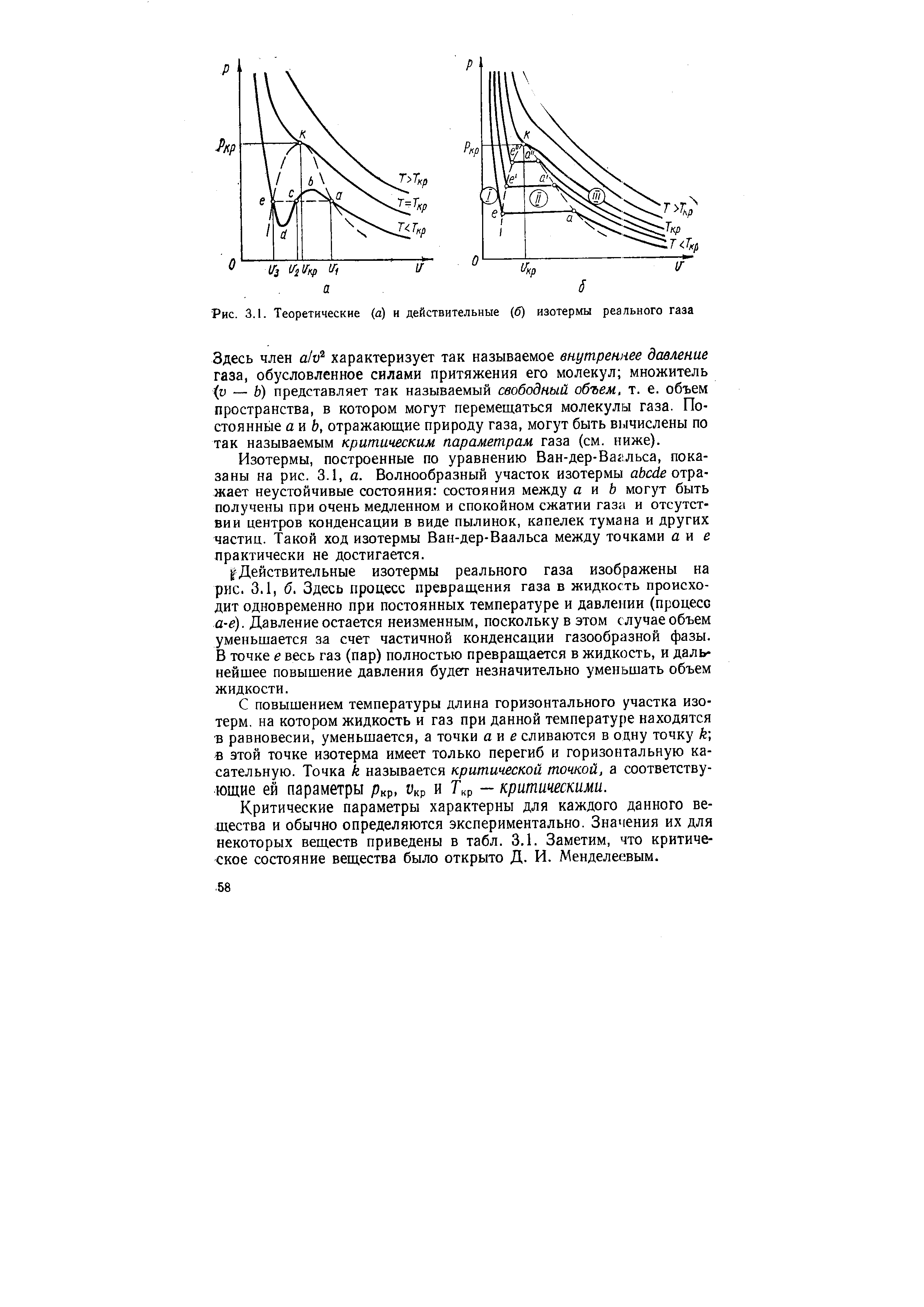 Рис. 3.1. Теоретические (а) и действительные (б) изотермы реального газа

