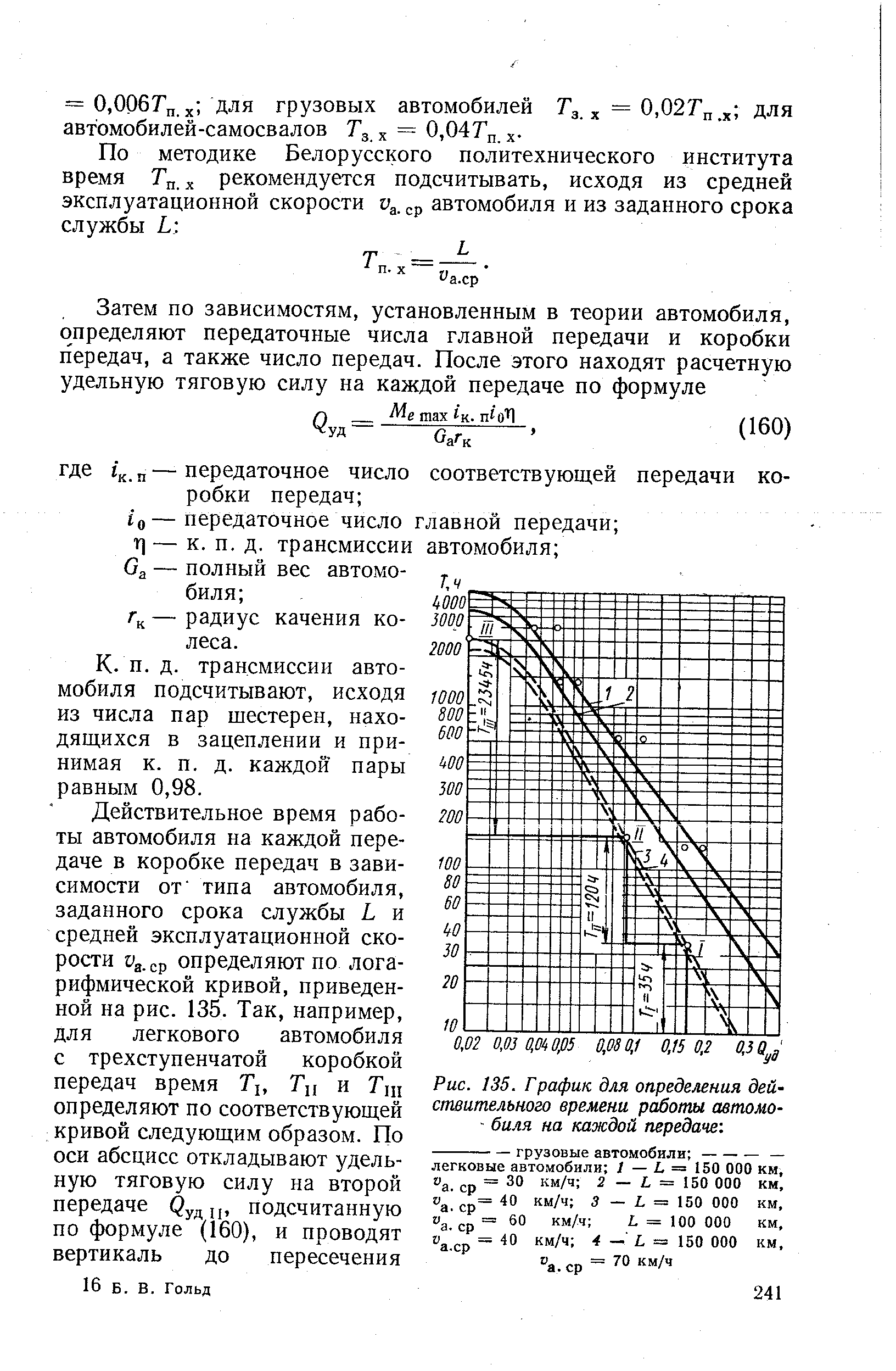 Рис. 135. Г рафик для определения действительного времени работы автомо- биля на каждой передаче 
