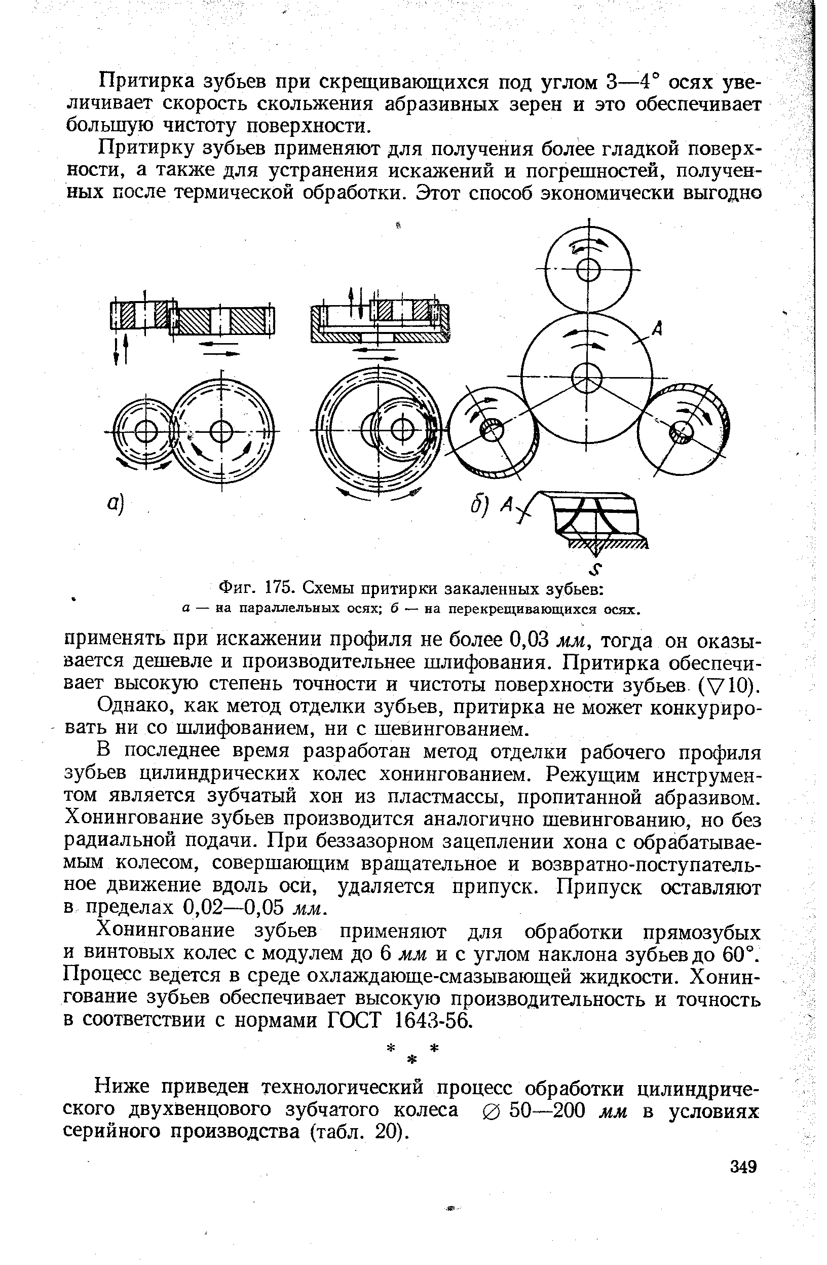 Фиг. 175. Схемы притирки закаленных зубьев а — на параллельных осях б — на перекрещивающихся осях.
