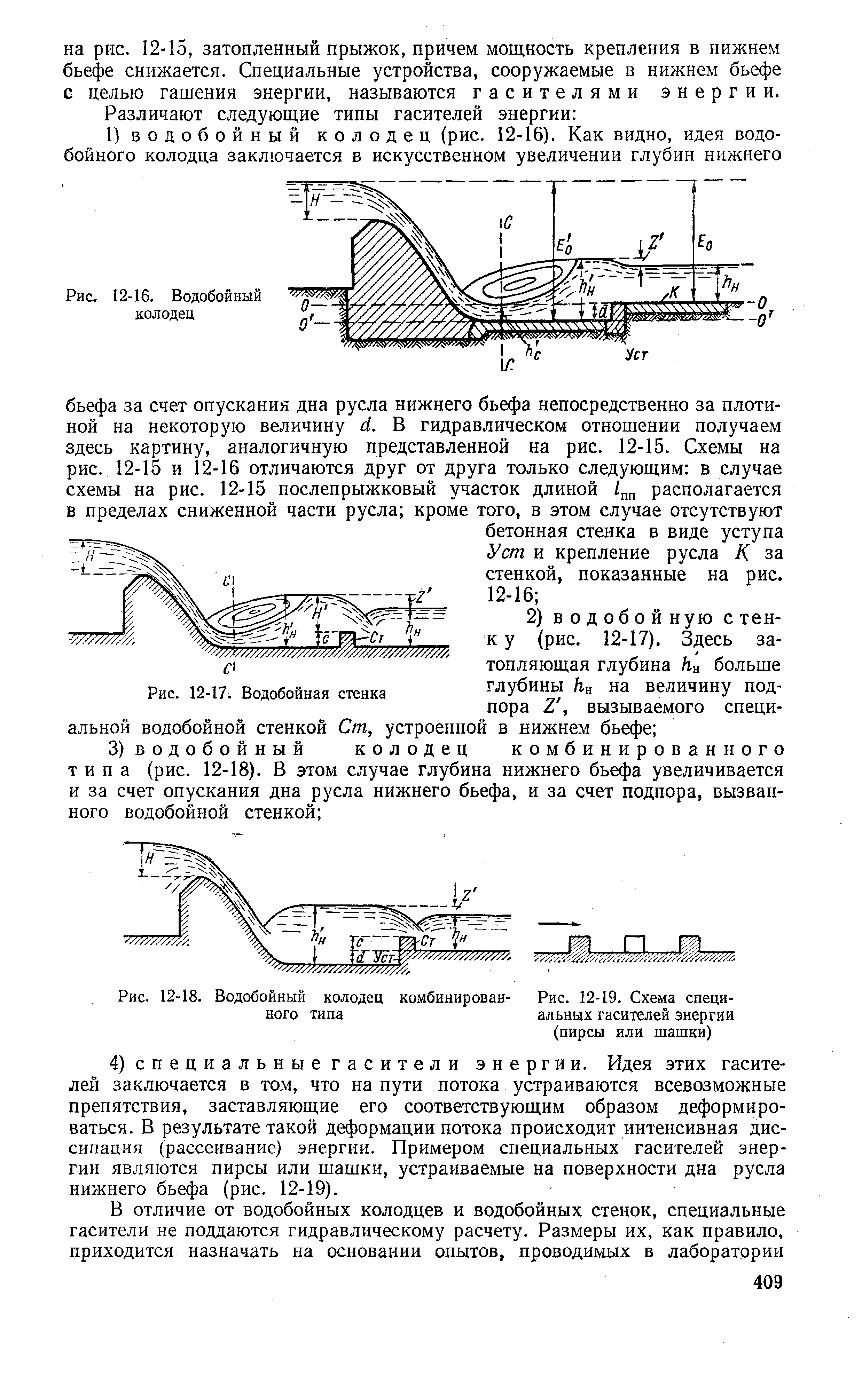 Рис. 12-18. Водобойный колодец комбинирован- Рис. 12-19. Схема специ-ного типа альных гасителей энергии
