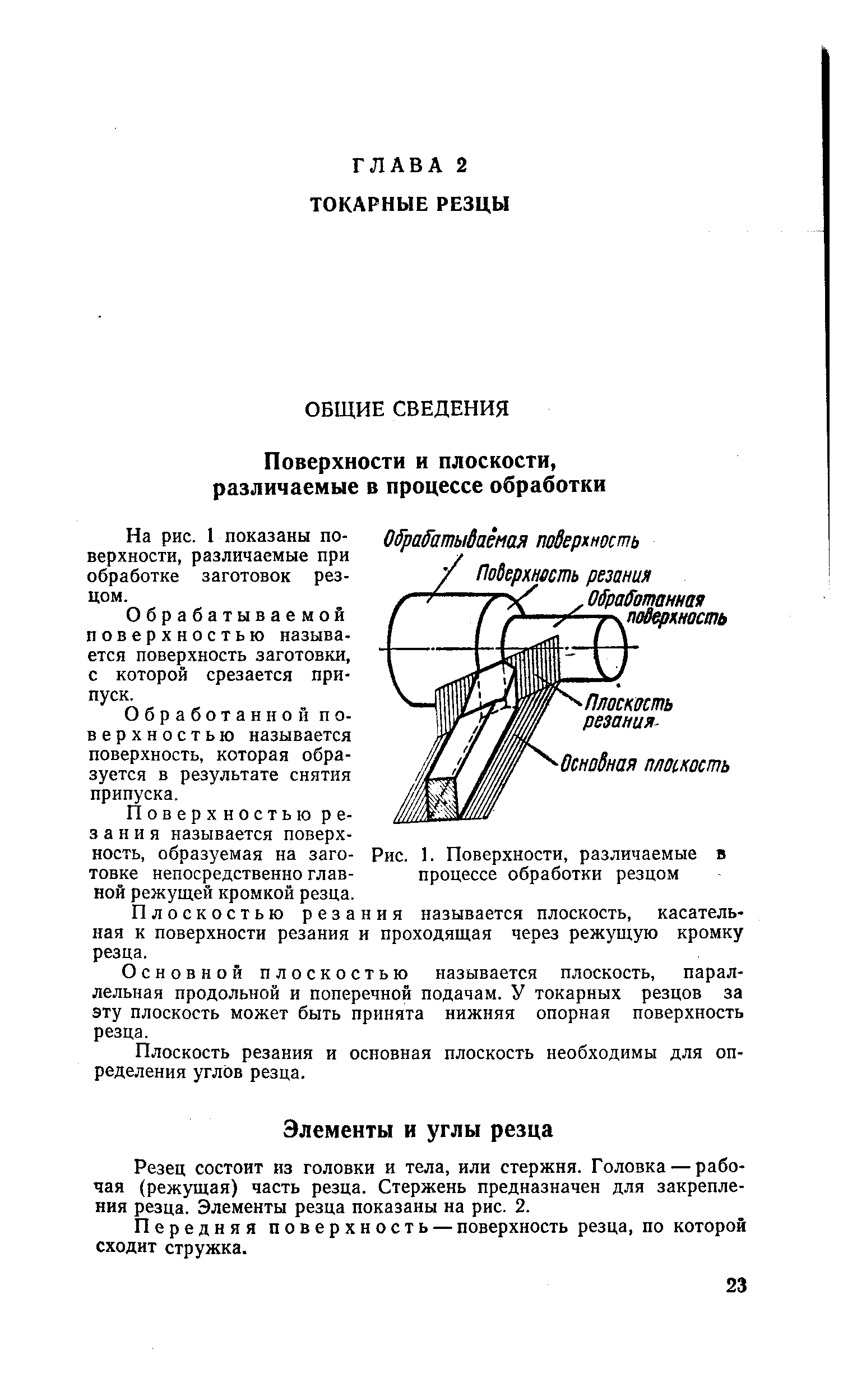 Резец состоит из головки и тела, или стержня. Головка — рабочая (режущая) часть резца. Стержень предназначен для закрепления резца. Элементы резца показаны на рис. 2.
