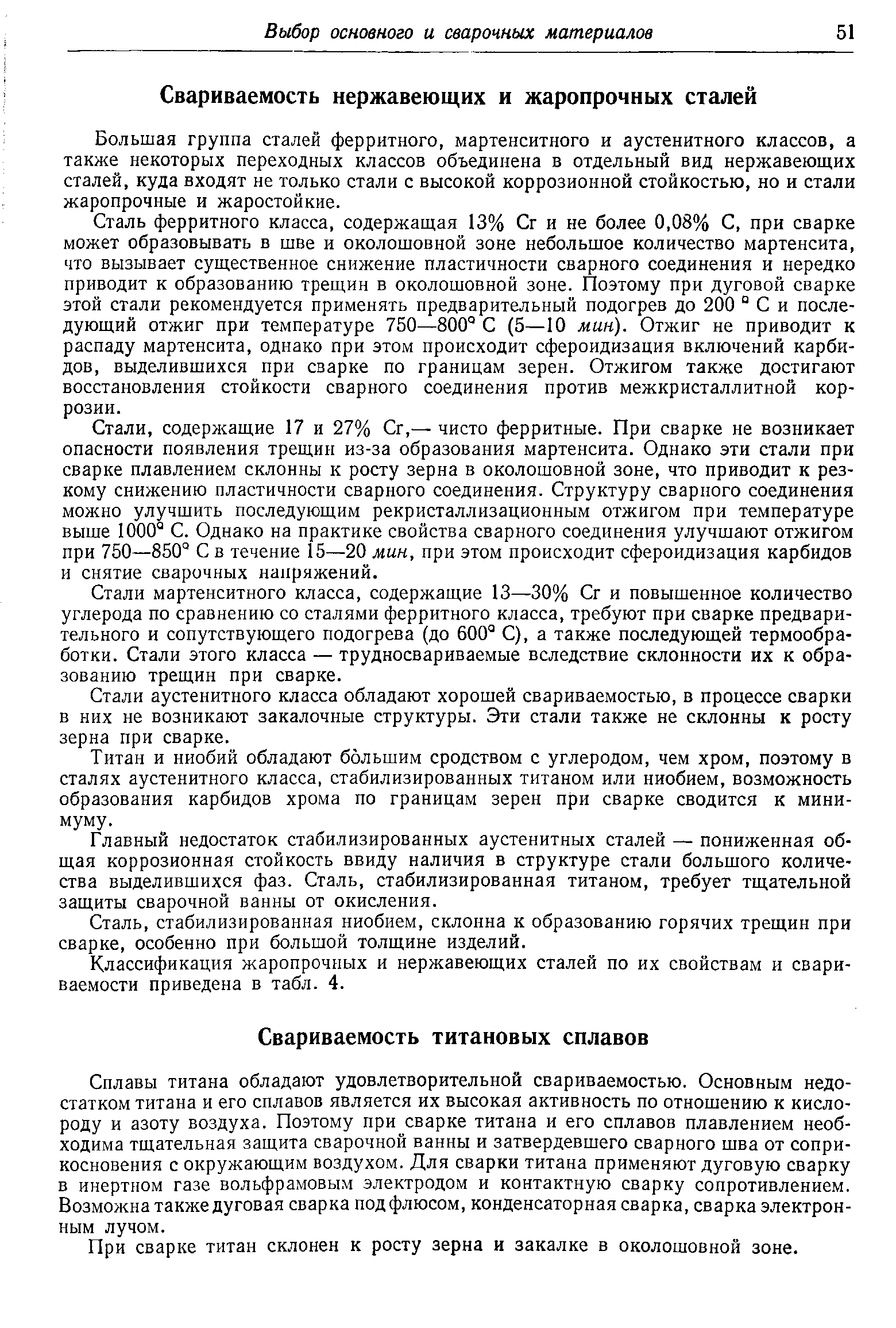 Сплавы титана обладают удовлетворительной свариваемостью. Основным недостатком титана и его сплавов является их высокая активность по отношению к кислороду и азоту воздуха. Поэтому при сварке титана и его сплавов плавлением необходима тщательная защита сварочной ванны и затвердевшего сварного шва от соприкосновения с окружающим воздухом. Для сварки титана применяют дуговую сварку в инертном газе вольфрамовым электродом и контактную сварку сопротивлением. Возможна также дуговая сварка под флюсом, конденсаторная сварка, сварка электронным лучом.
