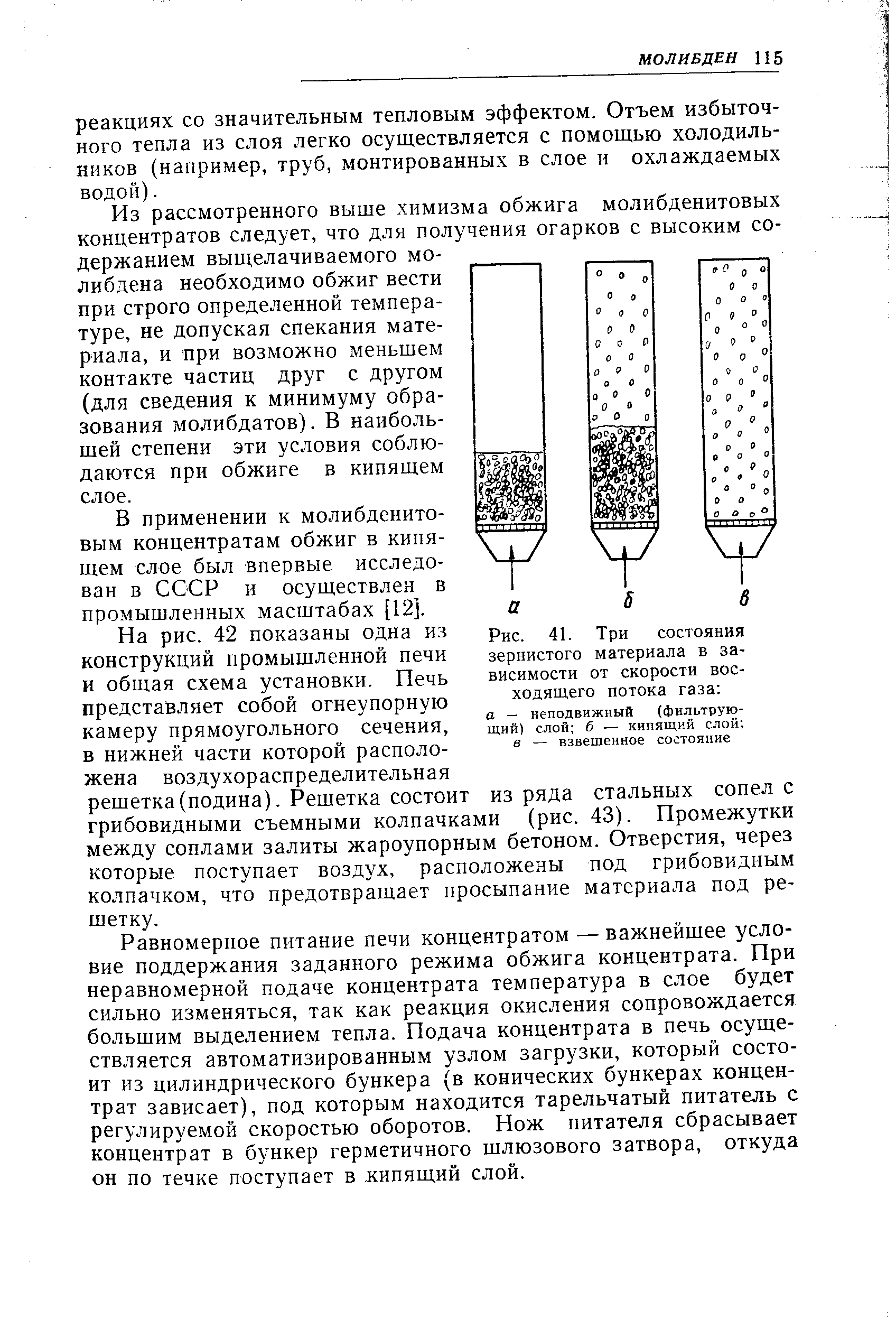 Рис. 41. Три состояния зернистого материала в зависимости от скорости восходящего потока газа а - неподвижный (фильтрующий) слой б — кипящий слой в — взвешенное состояние
