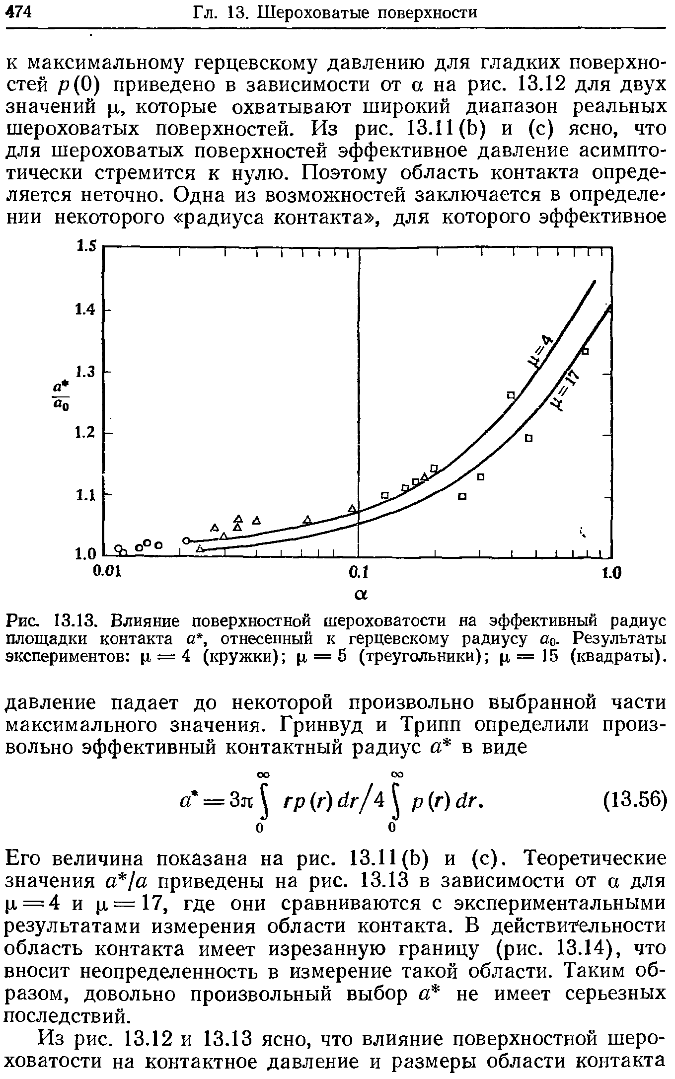 Рис. 13.13. Влияние поверхностной шероховатости на <a href="/info/362735">эффективный радиус</a> <a href="/info/46403">площадки контакта</a> а, отнесенный к герцевскому радиусу ао. <a href="/info/436290">Результаты экспериментов</a> ц = 4 (кружки) ц = 5 (треугольники) ц = 15 (квадраты).
