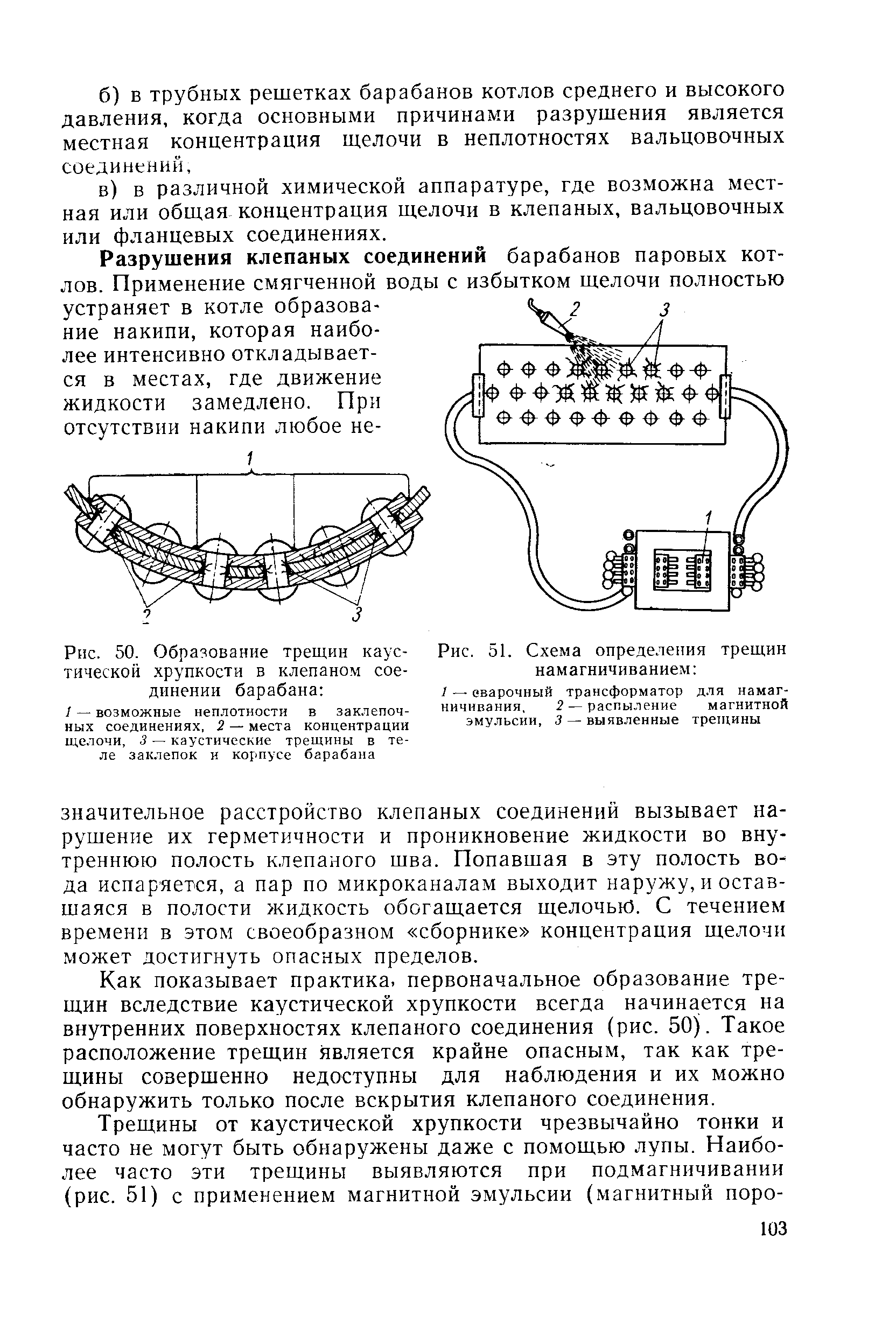 Как показывает практика, первоначальное образование трещин вследствие каустической хрупкости всегда начинается на внутренних поверхностях клепаного соединения (рис. 50). Такое расположение трещин является крайне опасным, так как трещины совершенно недоступны для наблюдения и их можно обнаружить только после вскрытия клепаного соединения.
