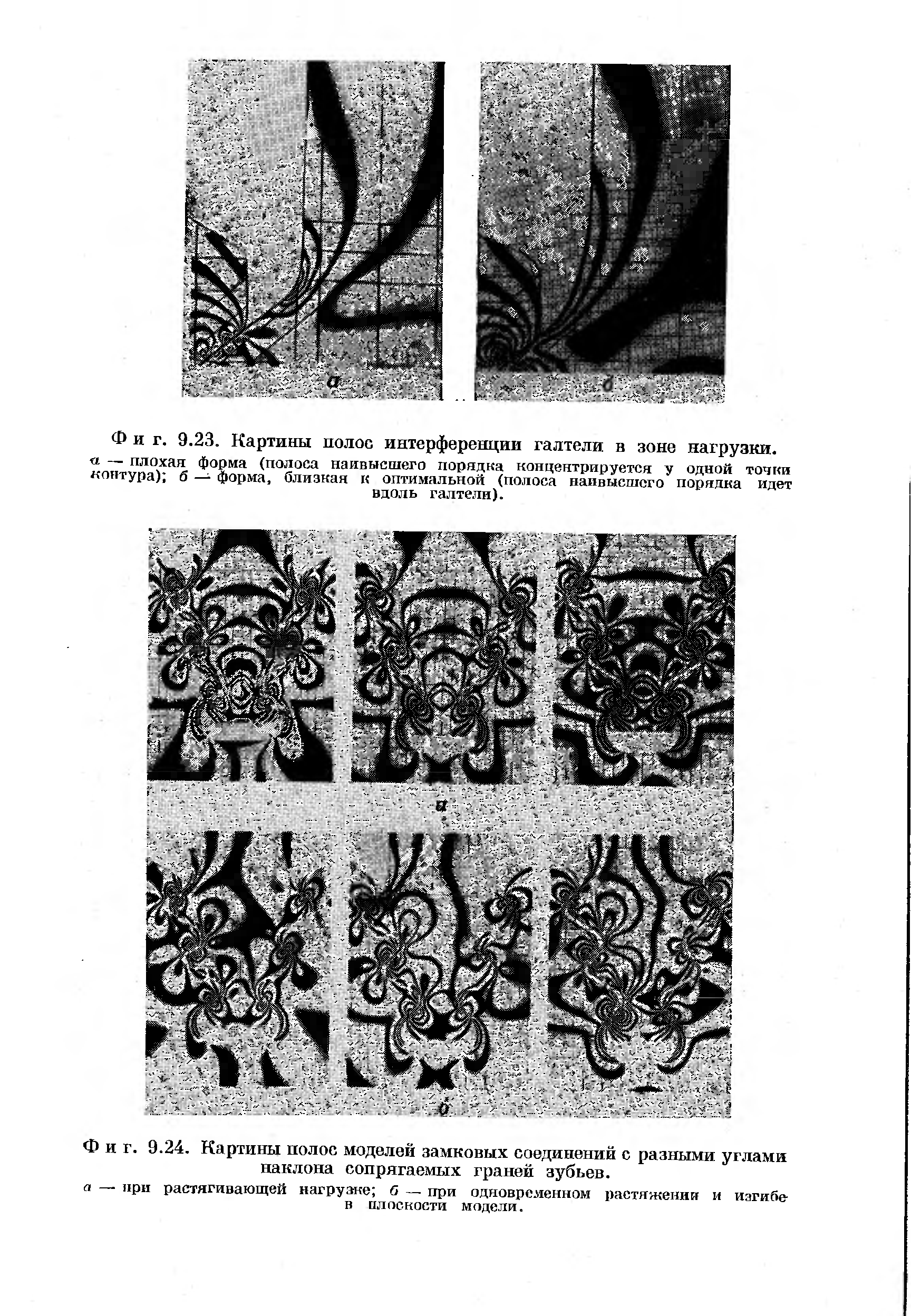 Фиг. 9.24. Картины полос моделей замковых соединений с разными углами наклона сопрягаемых граней зубьев.
