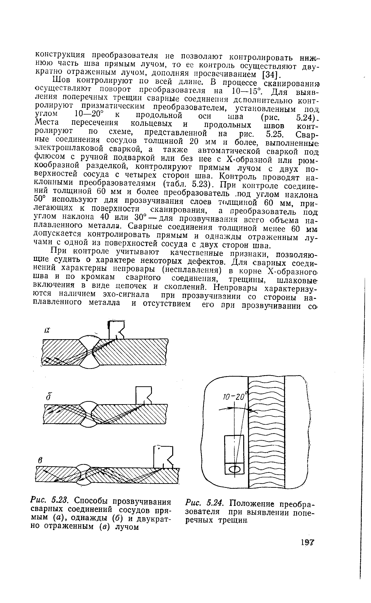 Рис. 5.23. Способы прозвучивания сварных соединений сосудов прямым (а), однажды (б) и двукратно отраженным (в) лучом
