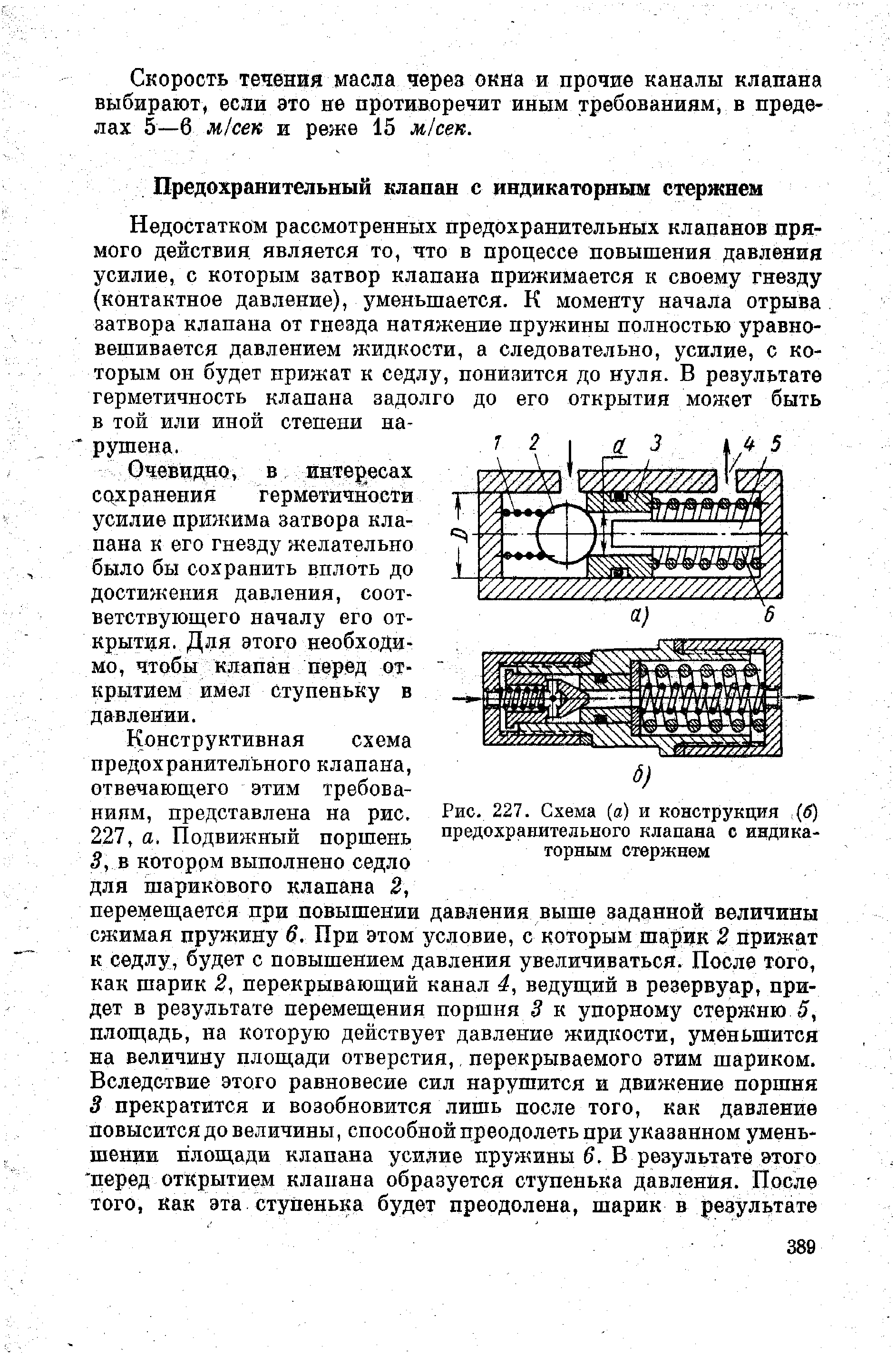 Рис. 227. Схема (а) и конструкция (б) предохранительного клапана с индикаторным стержнем
