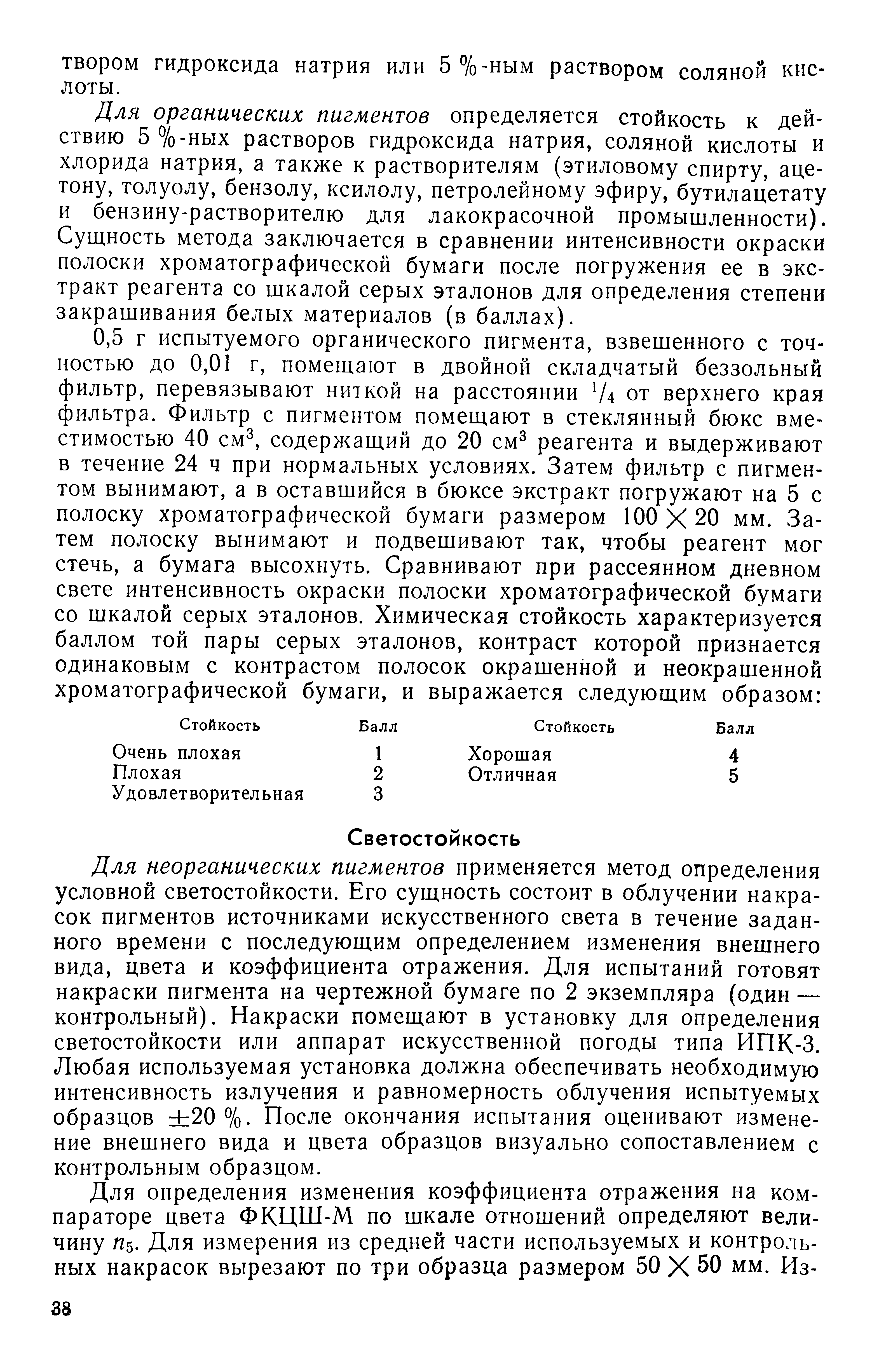 Для органических пигментов определяется стойкость к действию 5 %-ных растворов гидроксида натрия, соляной кислоты и хлорида натрия, а также к растворителям (этиловому спирту, ацетону, толуолу, бензолу, ксилолу, петролейному эфиру, бутилацетату и бензину-растворителю для лакокрасочной промышленности). Сущность метода заключается в сравнении интенсивности окраски полоски хроматографической бумаги после погружения ее в экстракт реагента со шкалой серых эталонов для определения степени закрашивания белых материалов (в баллах).
