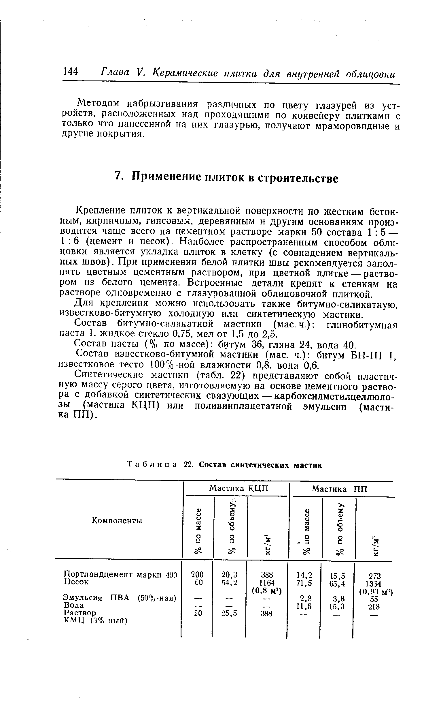 Крепление плиток к вертикальной поверхности по жестким бетонным, кирпичным, гипсовым, деревянным и другим основаниям производится чаще всего на цементном растворе марки 50 состава 1 5 — 1 6 (цемент и песок). Наиболее распространенным способом облицовки является укладка плиток в клетку (с совпадением вертикальных швов). При применении белой плитки швы рекомендуется заполнять цветным цементным раствором, при цветной плитке — раствором из белого цемента. Встроенные детали крепят к стенкам на растворе одновременно с глазурованной облицовочной плиткой.
