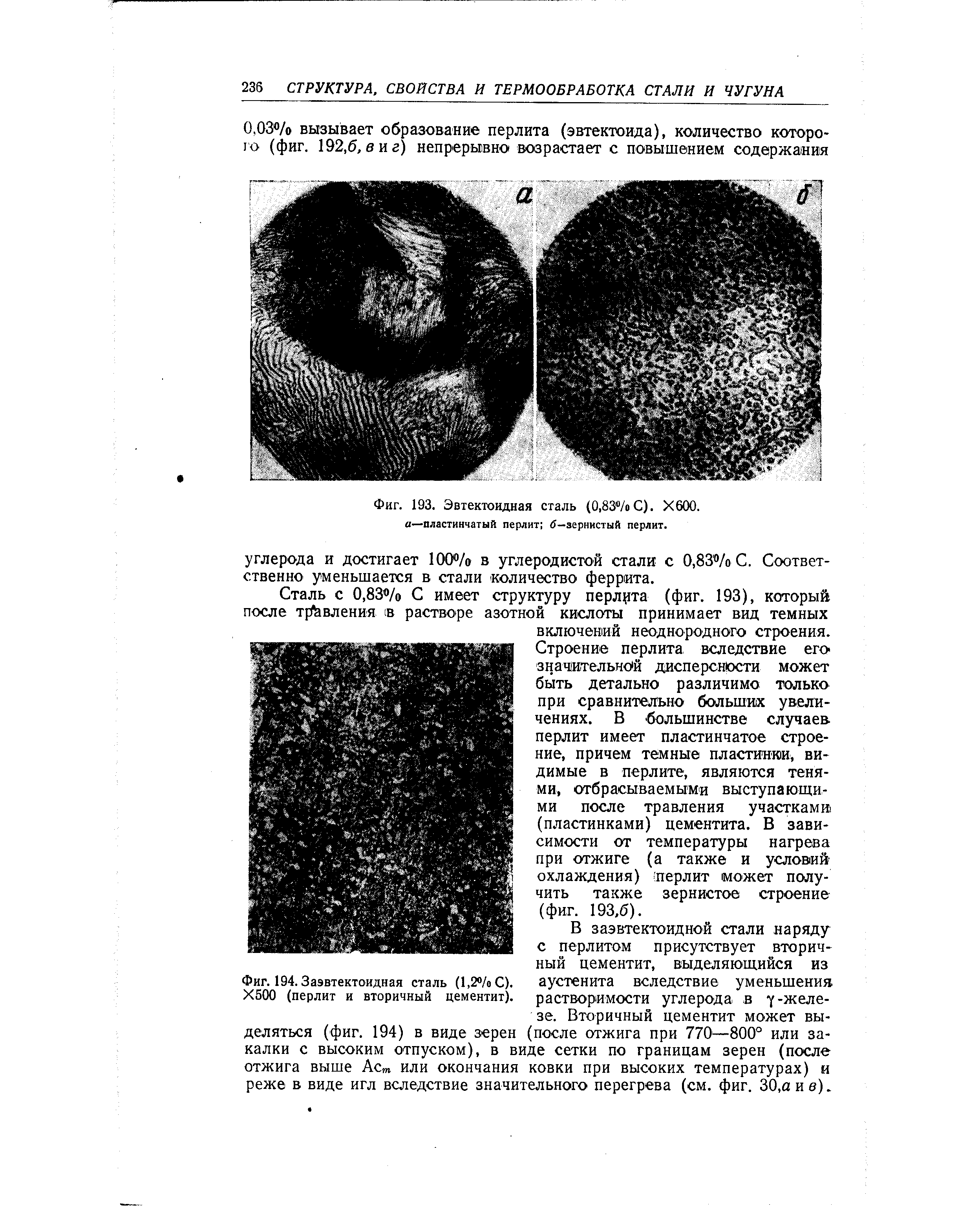 Фиг. 193. <a href="/info/125265">Эвтектоидная сталь</a> (0,83 /оС). Х600. а—<a href="/info/244075">пластинчатый перлит</a> O—зернистый перлит.
