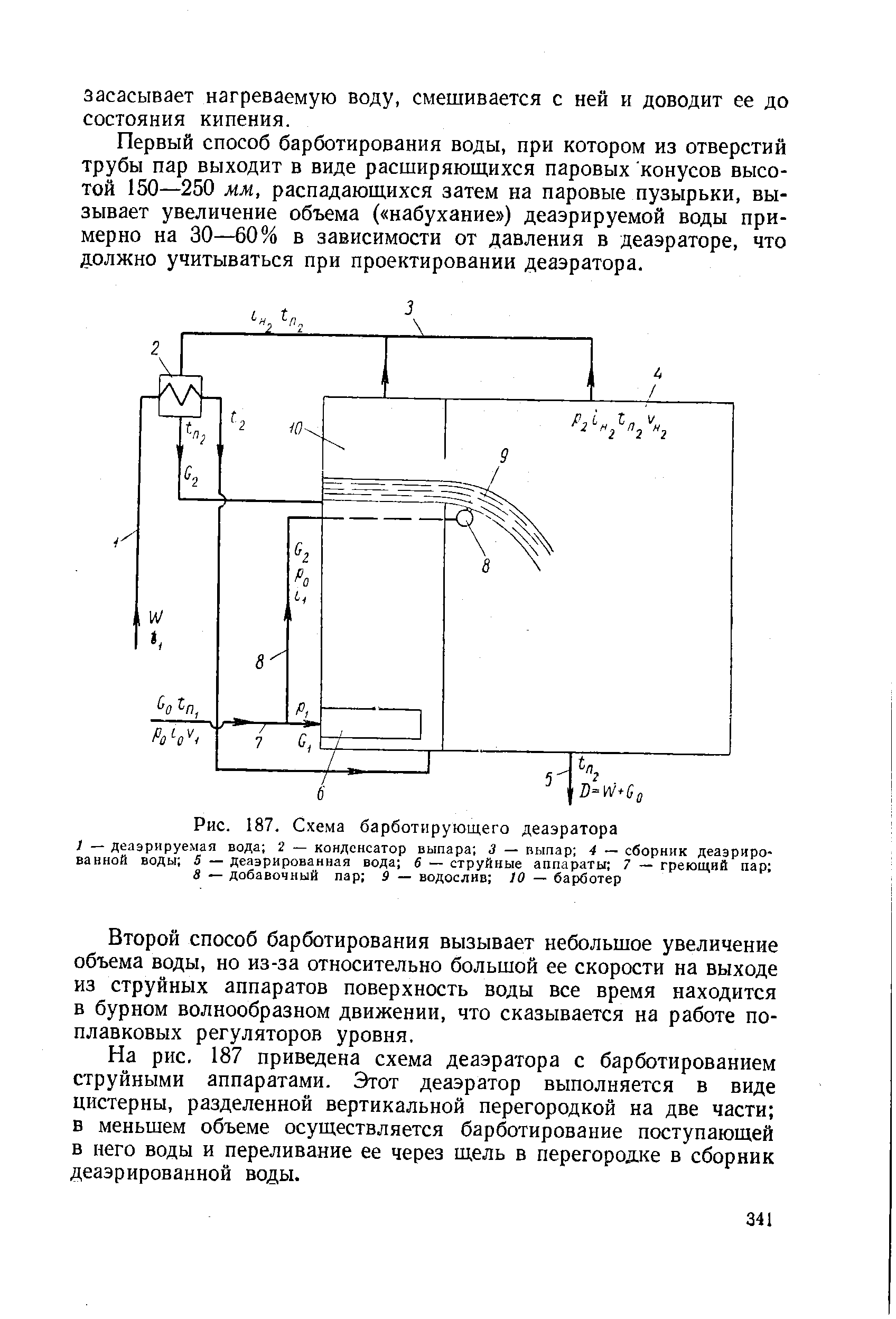 Рис. 187. Схема барботирующего деаэратора ) — деаэрируемая вода 2 — конденсатор выпара 3 — выпар 4 — сборник деаэрированной воды 5 — деаэрированная вода 6 — <a href="/info/120750">струйные аппараты</a> 7 — греющий пар 3 — добавочный пар 9 — водослив 10 — барботер
