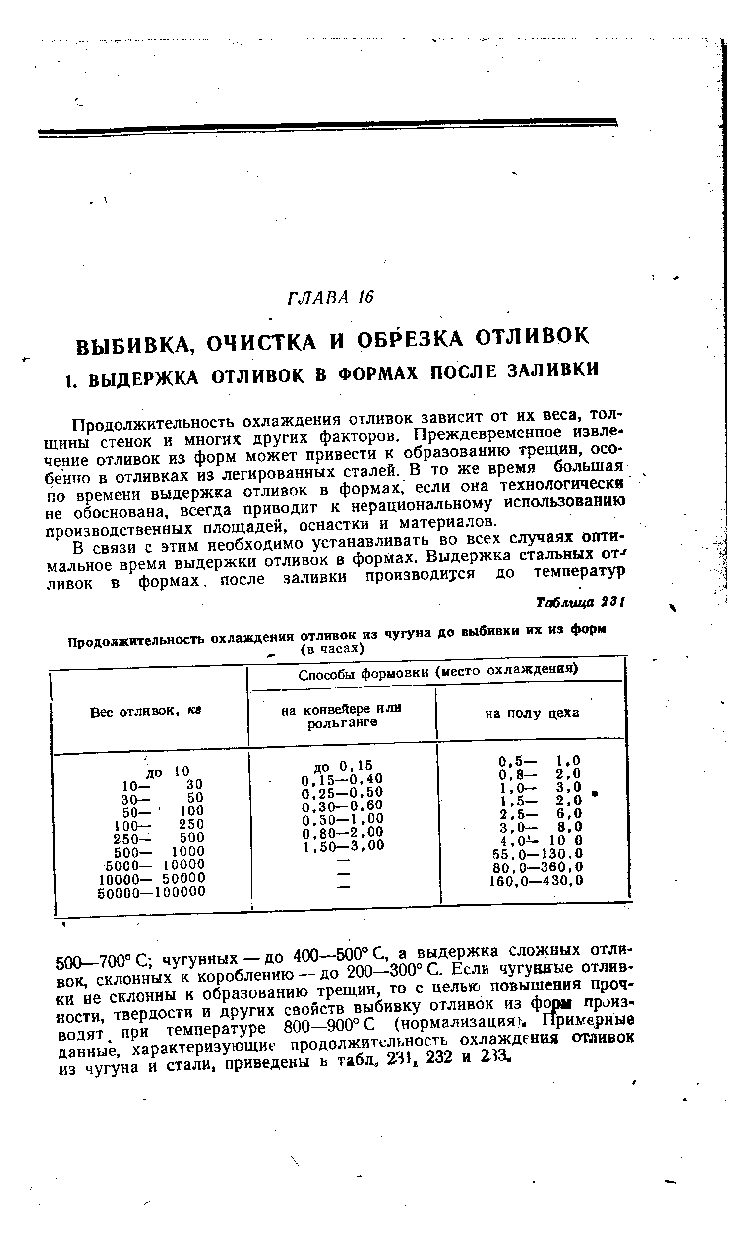 Продолжительность охлаждения отливок зависит от их веса, толщины стенок и многих других факторов. Преждевременное извлечение отливок из форм может привести к образованию трещин, особенно в отливках из легированных сталей. В то же время большая по времени выдержка отливок в формах, если она технологически не обоснована, всегда приводит к нерациональному использованию производственных площадей, оснастки и материалов.
