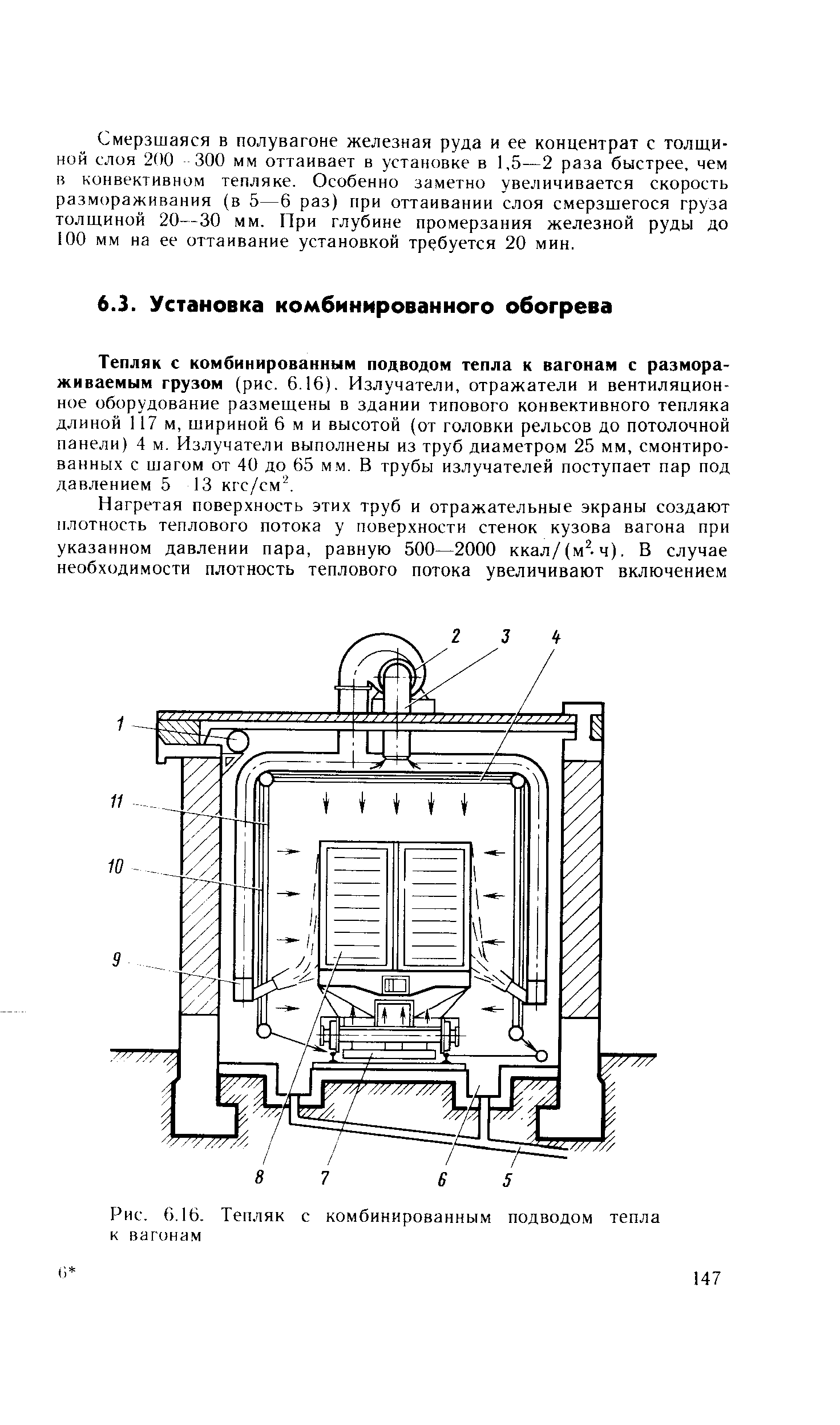 Тепляк с комбинированным подводом тепла к вагонам с размораживаемым грузом (рис. 6.16). Излучатели, отражатели и вентиляционное оборудование размещены в здании типового конвективного тепляка длиной 117 м, шириной 6 м и высотой (от головки рельсов до потолочной панели) 4 м. Излучатели выполнены из труб диаметром 25 мм, смонтированных с шагом от 40 до 65 м.м. В трубы излучателей поступает пар под давлением 5 13 кгс/см . 
