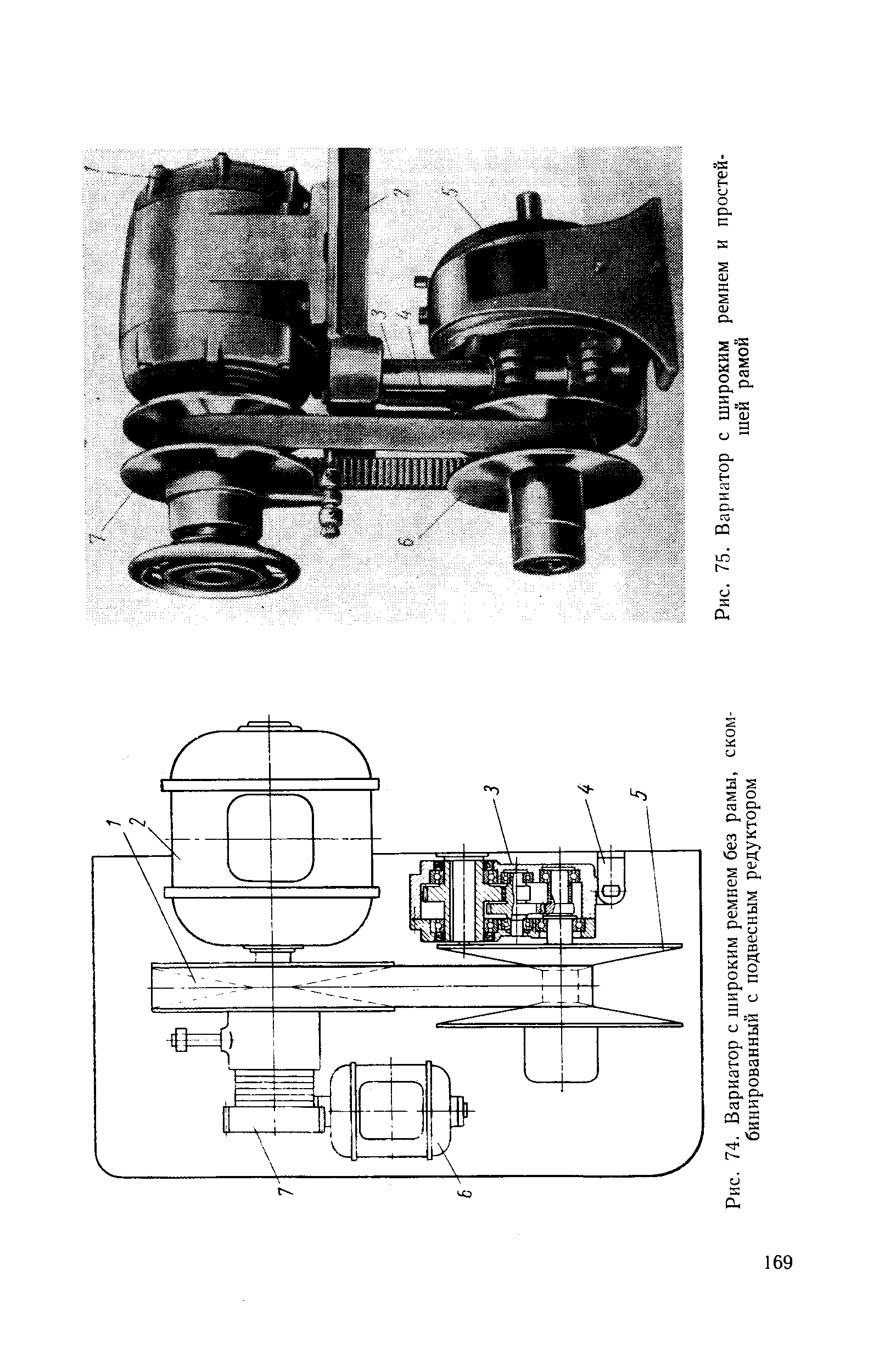 Рис. 74. Вариатор с широким ремнем без рамы, скомбинированный с подвесным редуктором
