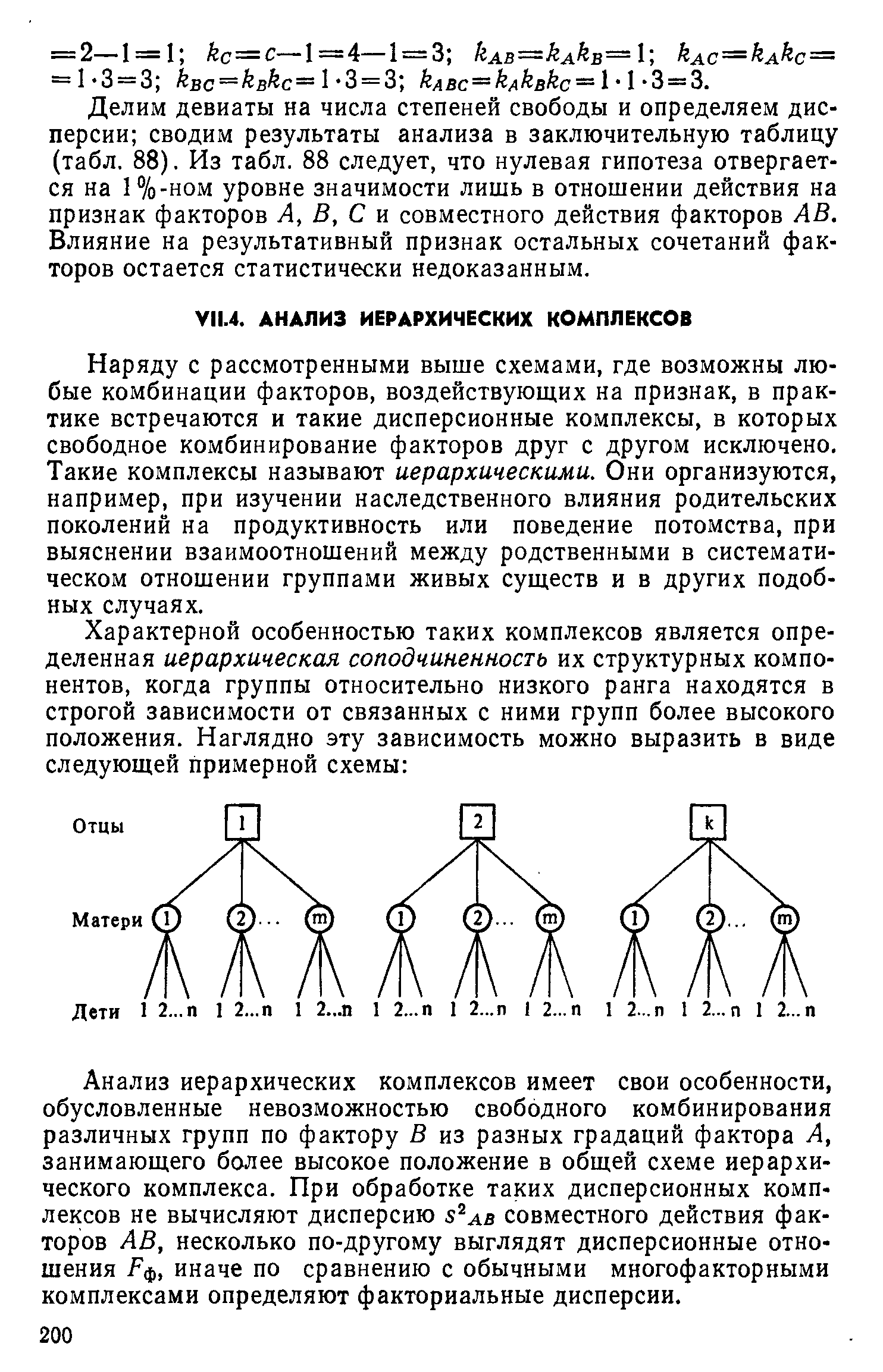 Наряду с рассмотренными выше схемами, где возможны любые комбинации факторов, воздействующих на признак, в практике встречаются и такие дисперсионные комплексы, в которых свободное комбинирование факторов друг с другом исключено. Такие комплексы называют иерархическими. Они организуются, например, при изучении наследственного влияния родительских поколений на продуктивность или поведение потомства, при выяснении взаимоотношений между родственными в систематическом отношении группами живых существ и в других подобных случаях.
