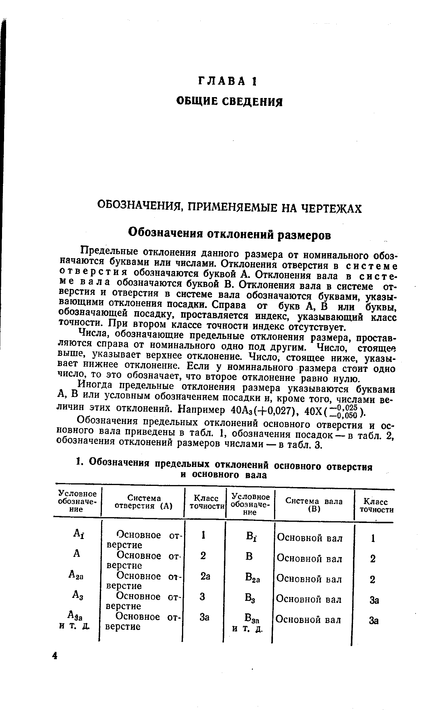 Предельные отклонения данного размера от номинального обозначаются буквами или числами. Отклонения отверстия в системе отверстия обозначаются буквой А. Отклонения вала в системе вала обозначаются буквой В. Отклонения вала в системе отверстия и отверстия в системе вала обозначаются буквами, указывающими отклонения посадки. Справа от букв А, В или буквы, обозначающей посадку, проставляется индекс, указывающий класс точности. При втором классе точности индекс отсутствует.
