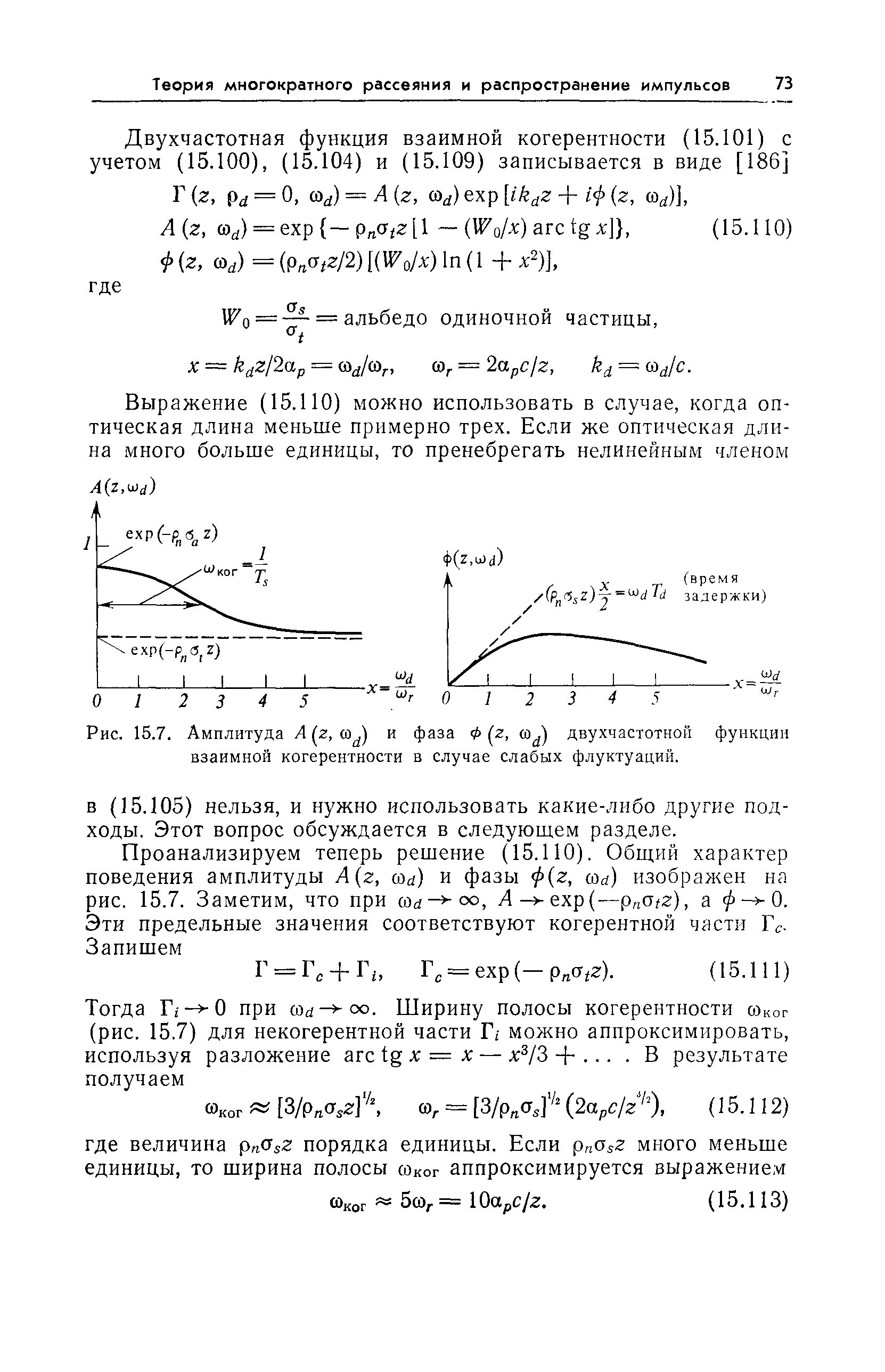 Рис. 15.7. Амплитуда А (z, и ) и фаза Ф (z, двухчастотной функции взаимной когерентности в случае слабых флуктуаций.

