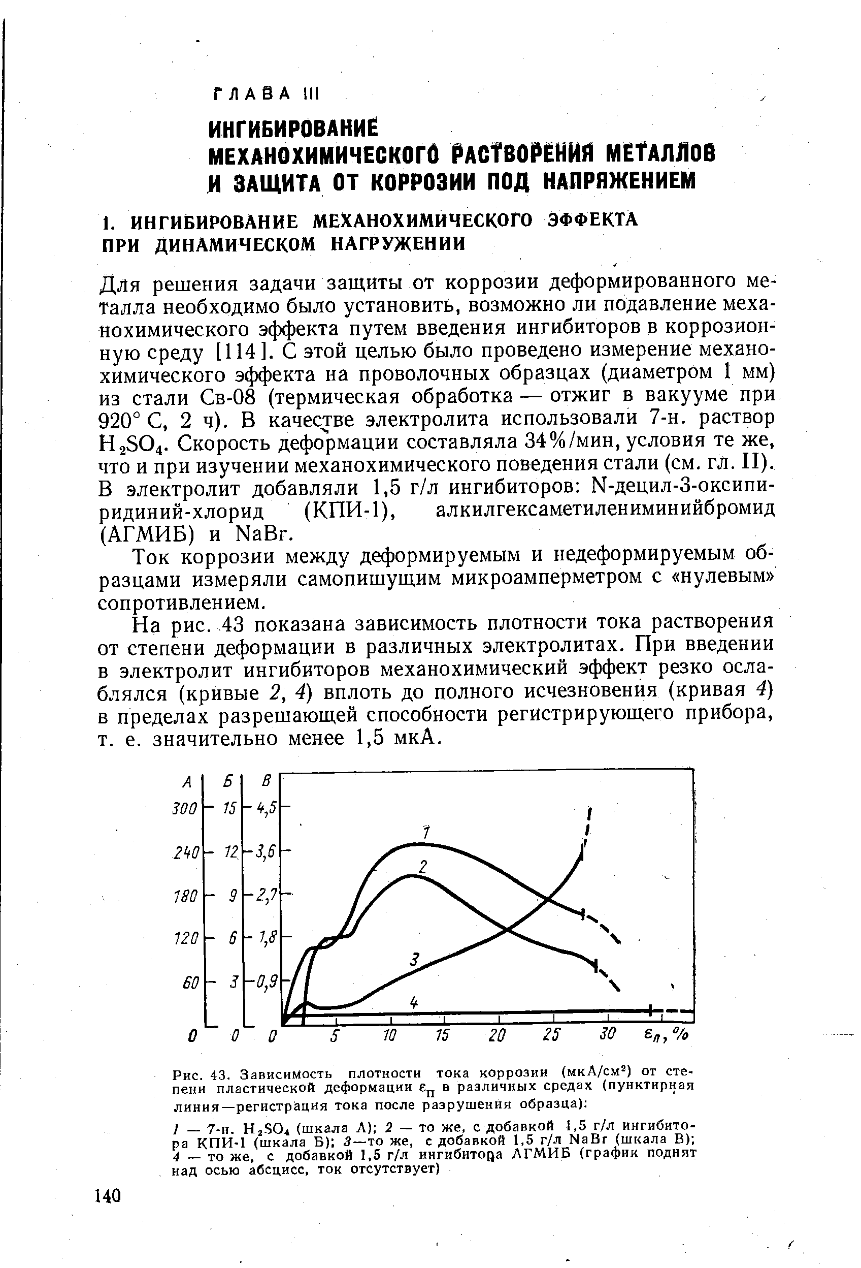 Ток коррозии между деформируемым и недеформируемым образцами измеряли самопишущим микроамперметром с нулевым сопротивлением.
