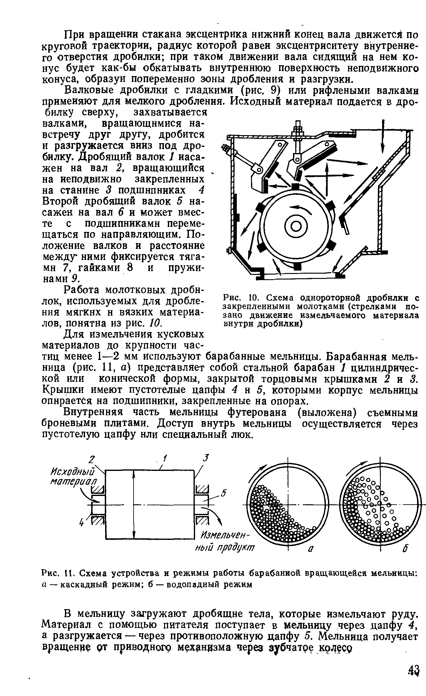 Рис. 10. Схема однороторной дробилки с закрепленными молотками (стрелками по-зано движение измельчаемого материала внутри дробилки)
