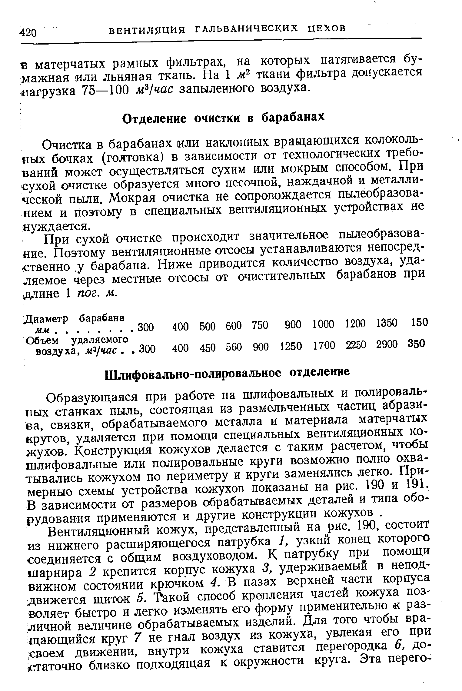 Образующаяся при работе на шлифовальных и полировальных станках пыль, состоящая из размельченных частиц абразива, связки, обрабатываемого металла и материала матерчатых кругов, удаляется при помощи специальных вентиляционных кожухов. Конструкция кожухов делается с таким расчетом, чтобы шлифовальные или полировальные круги возможно полно охватывались кожухом по периметру и круги заменялись легко. Примерные схемы устройства кожухов показаны на рис. 190 и 191. В зависимости от размеров обрабатываемых деталей и типа оборудования применяются и другие конструкции кожухов. 
