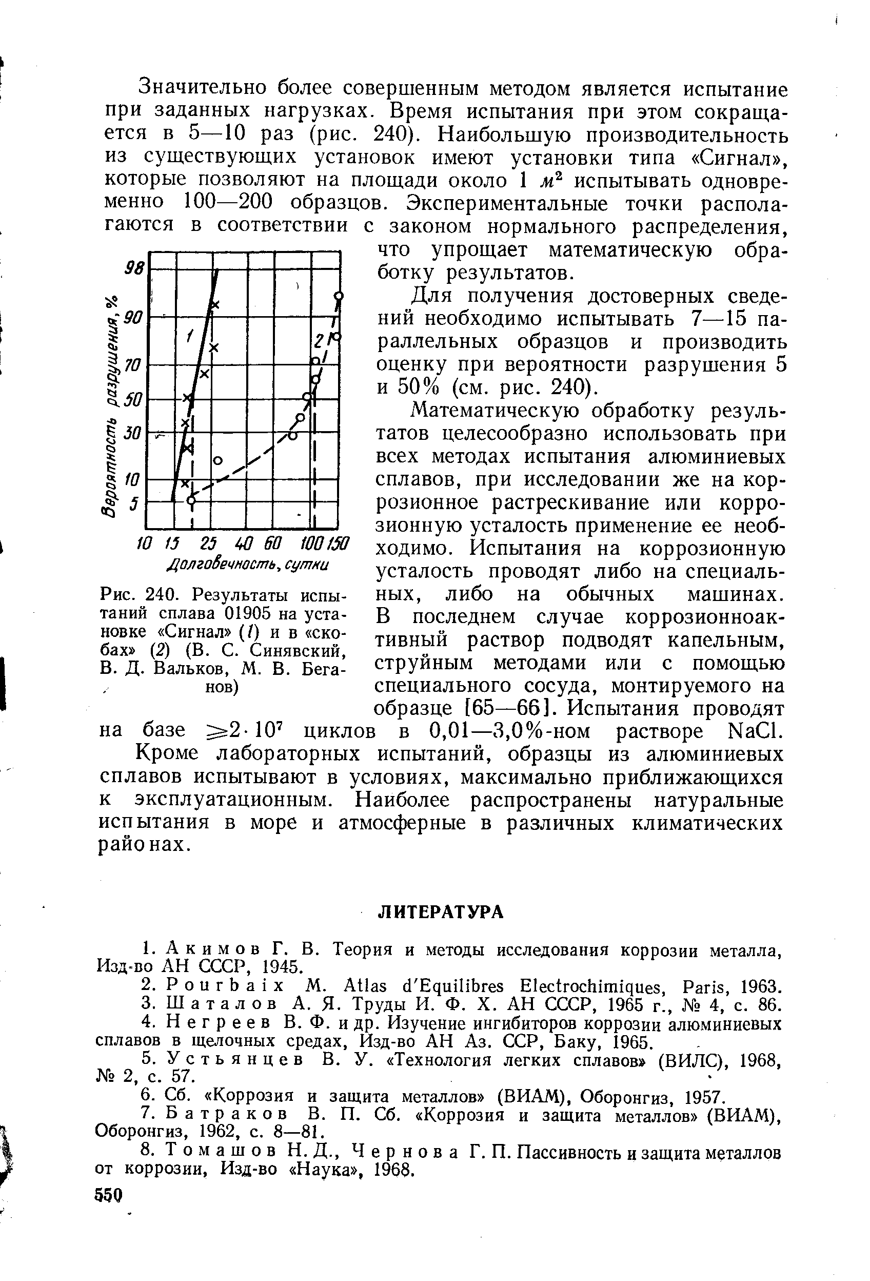 Рис. 240. <a href="/info/677333">Результаты испытаний</a> сплава 01905 на установке Сигнал (/) и в скобах (2) (В. С. Синявский, В. Д. Вальков, М. В. Беганов)
