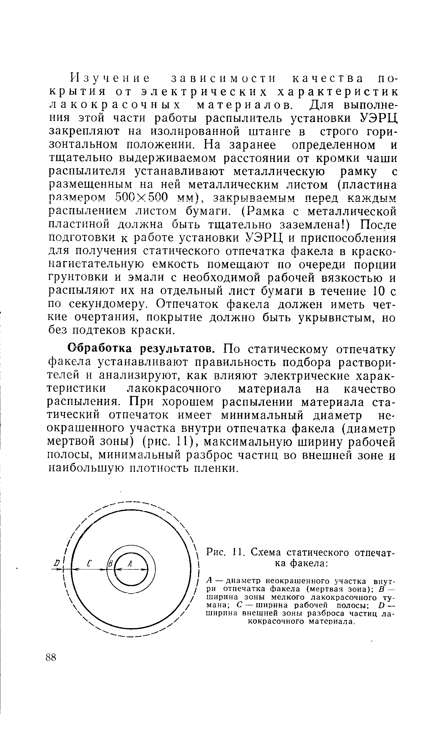 Обработка результатов. По статическому отпечатку факела устанавливают правильность подбора растворителей и анализируют, как влияют электрические характеристики лакокрасочного материала на качество распыления. При хорошем распылении материала статический отпечаток имеет минимальный диаметр неокрашенного участка внутри отпечатка факела (диаметр мертвой зоны) (рис. 11), максимальную ширину рабочей полосы, минимальный разброс частиц во внешней зоне и наибольшую плотность пленки.
