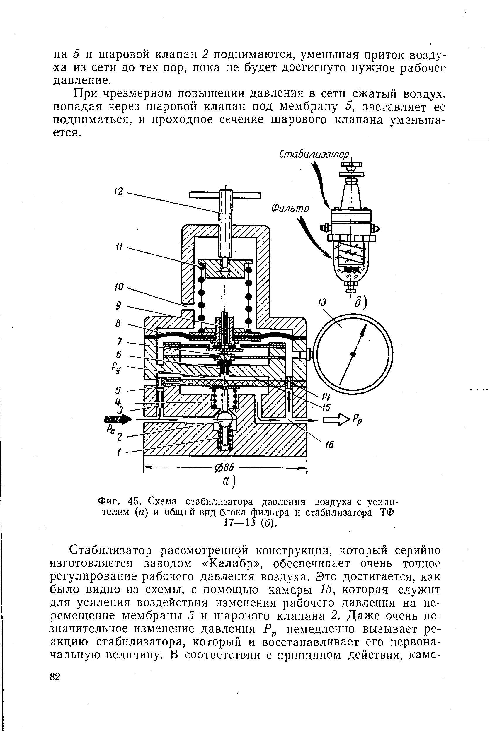 Фиг. 45. Схема стабилизатора давления воздуха с усилителем (а) и общий вид блока фильтра и стабилизатора ТФ 17-13 (б).
