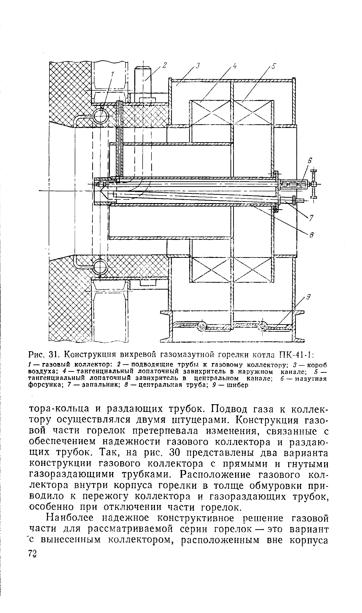 Рис. 31. Конструкция вихревой газомазутной горелки котла ПК-41-1 
