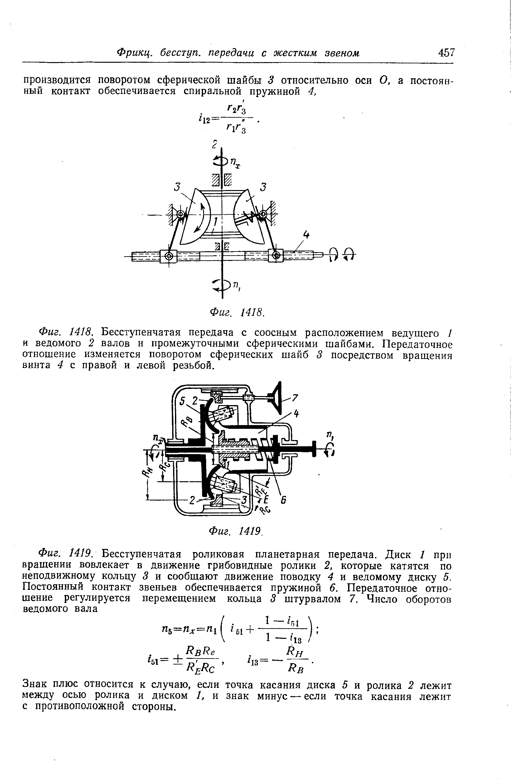 Фиг. 1419. Бесступенчатая роликовая <a href="/info/2384">планетарная передача</a>. Диск 1 при вращении вовлекает в движение грибовидные ролики 2, которые катятся по неподвижному кольцу 3 и сообщают движение поводку 4 и <a href="/info/637389">ведомому диску</a> 5. Постоянный контакт звеньев обеспечивается пружиной б. <a href="/info/206">Передаточное отношение</a> регулируется перемещением кольца 3 штурвалом 7. <a href="/info/15165">Число оборотов</a> ведомого вала
