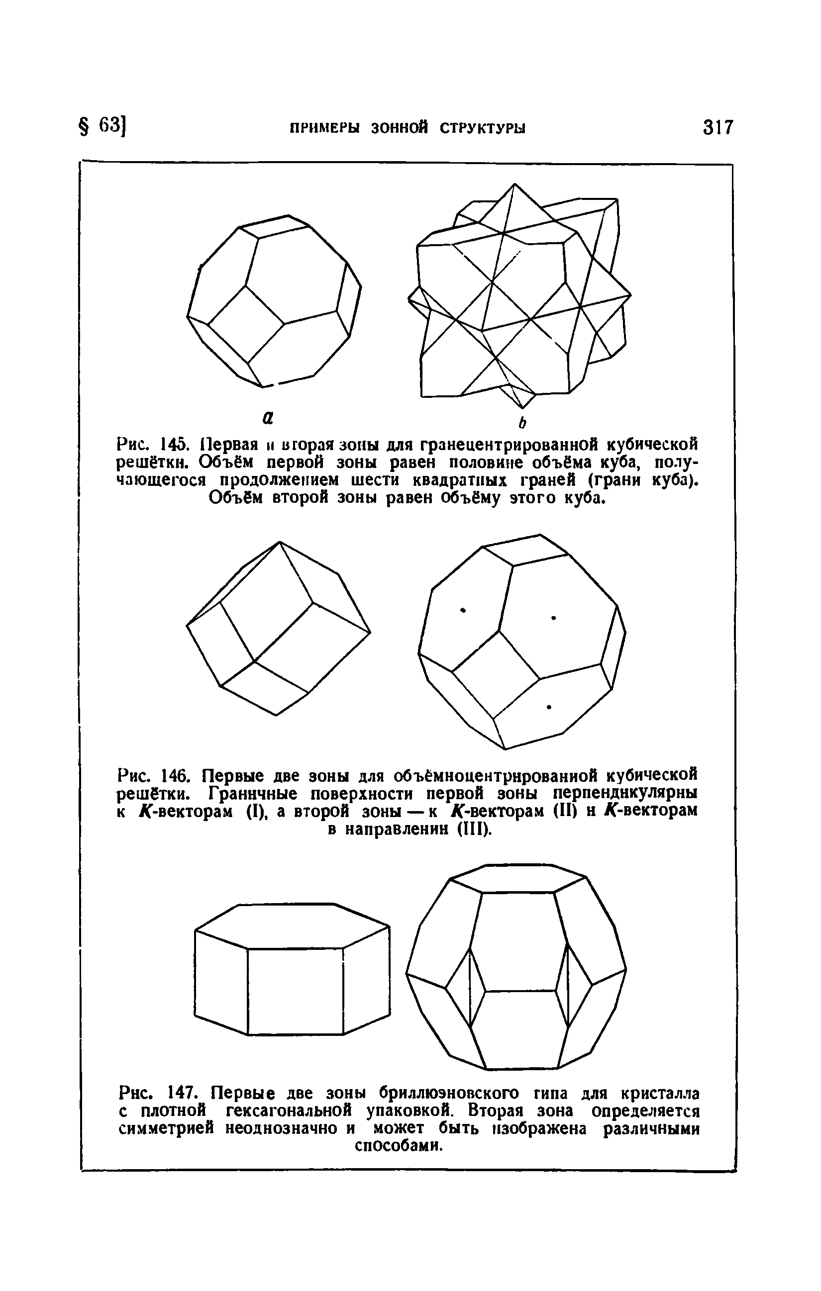 Рис. 147. Первые две зоны бриллюэновского типа для кристалла с плотной гексагональной упаковкой. Вторая зона определяется симметрией неоднозначно и может быть изображена различными
