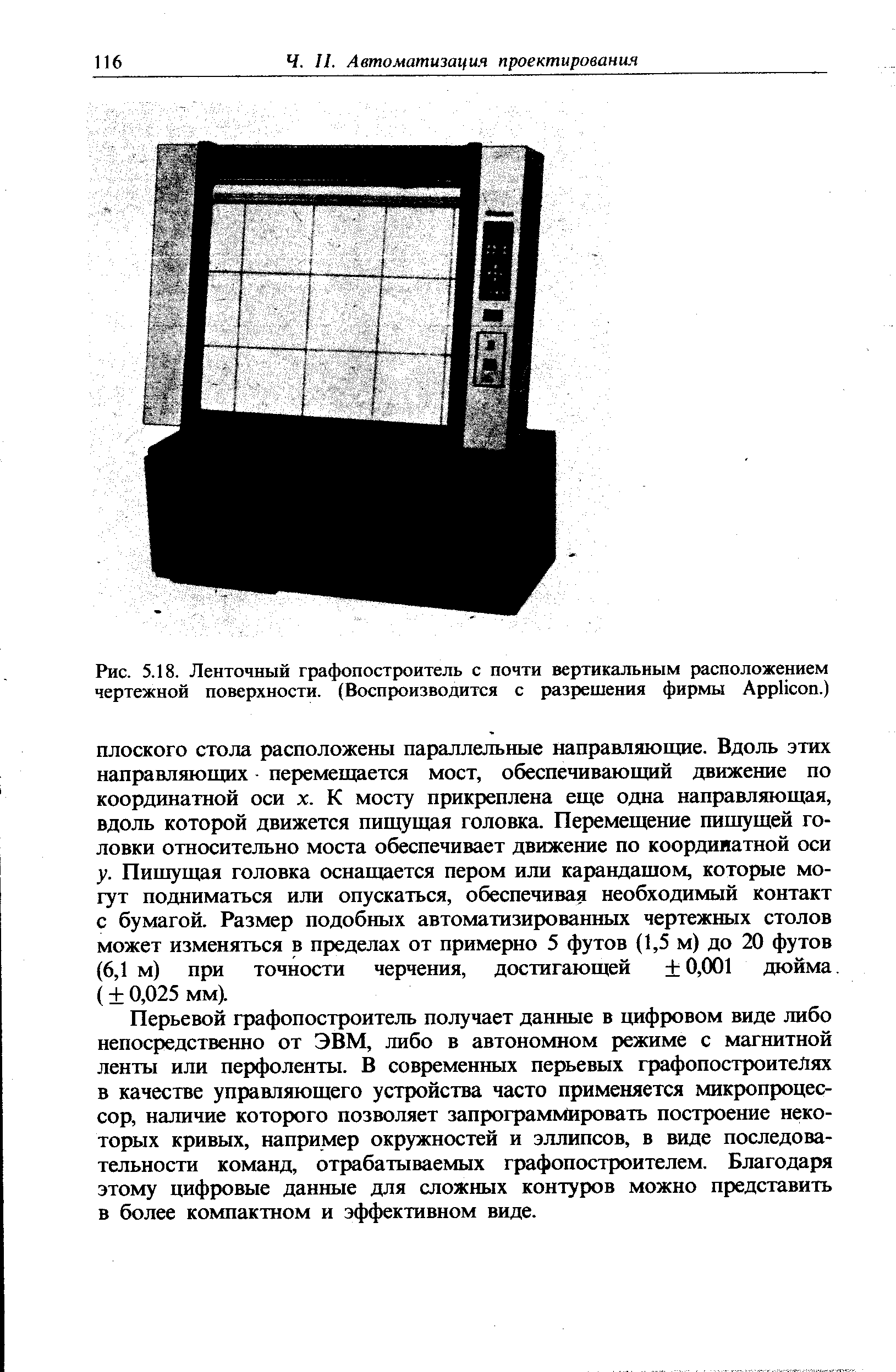 Рис. 5.18. Ленточный графопостроитель с почти вертикальным расположением чертежной поверхности. (Воспроизводится с разрешения фирмы Appli on.)
