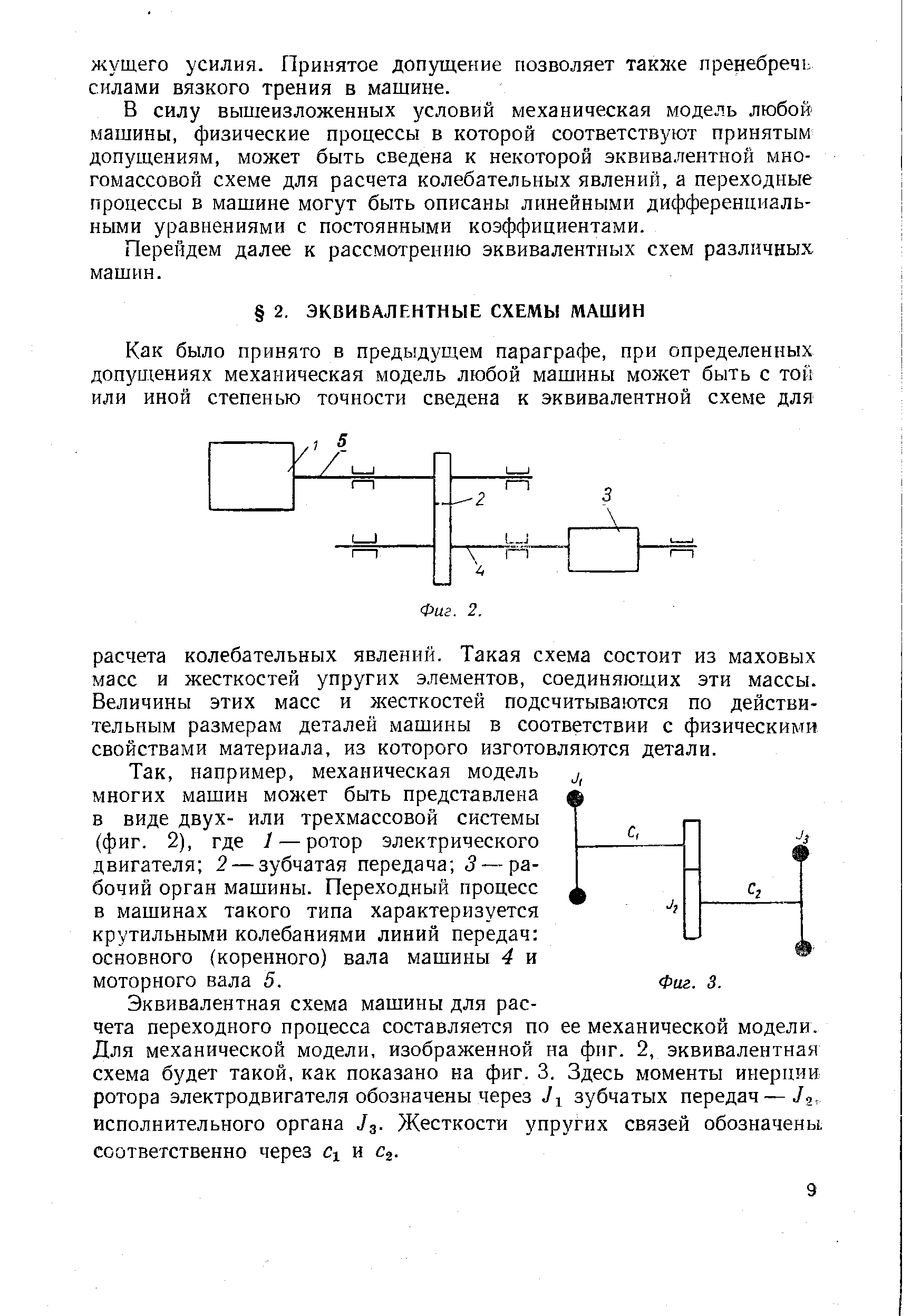 например, механическая модель многих машин может быть представлена в виде двух- или трехмассовой системы (фиг. 2), где 1 — ротор электрического двигателя 2 — зубчатая передача 3 — рабочий орган машины. Переходный процесс в машинах такого типа характеризуется крутильными колебаниями линий передач основного (коренного) вала машины 4 и моторного вала 5. Фиг. 3.
