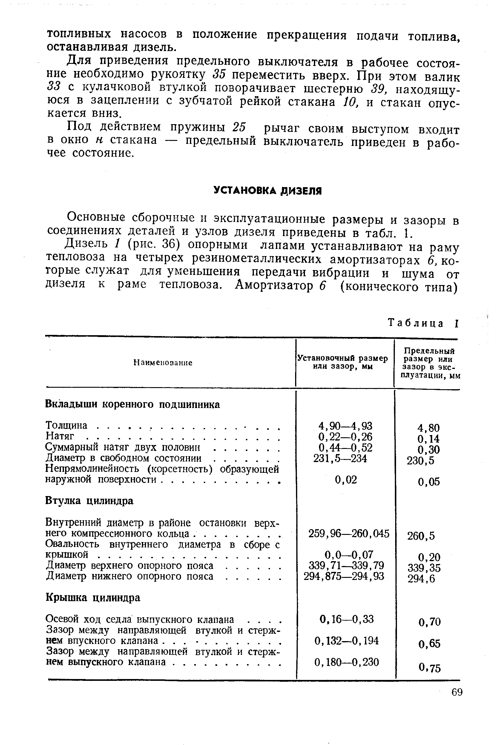 Основные сборочные и эксплуатационные размеры и зазоры в соединениях деталей и узлов дизеля приведены в табл. 1.
