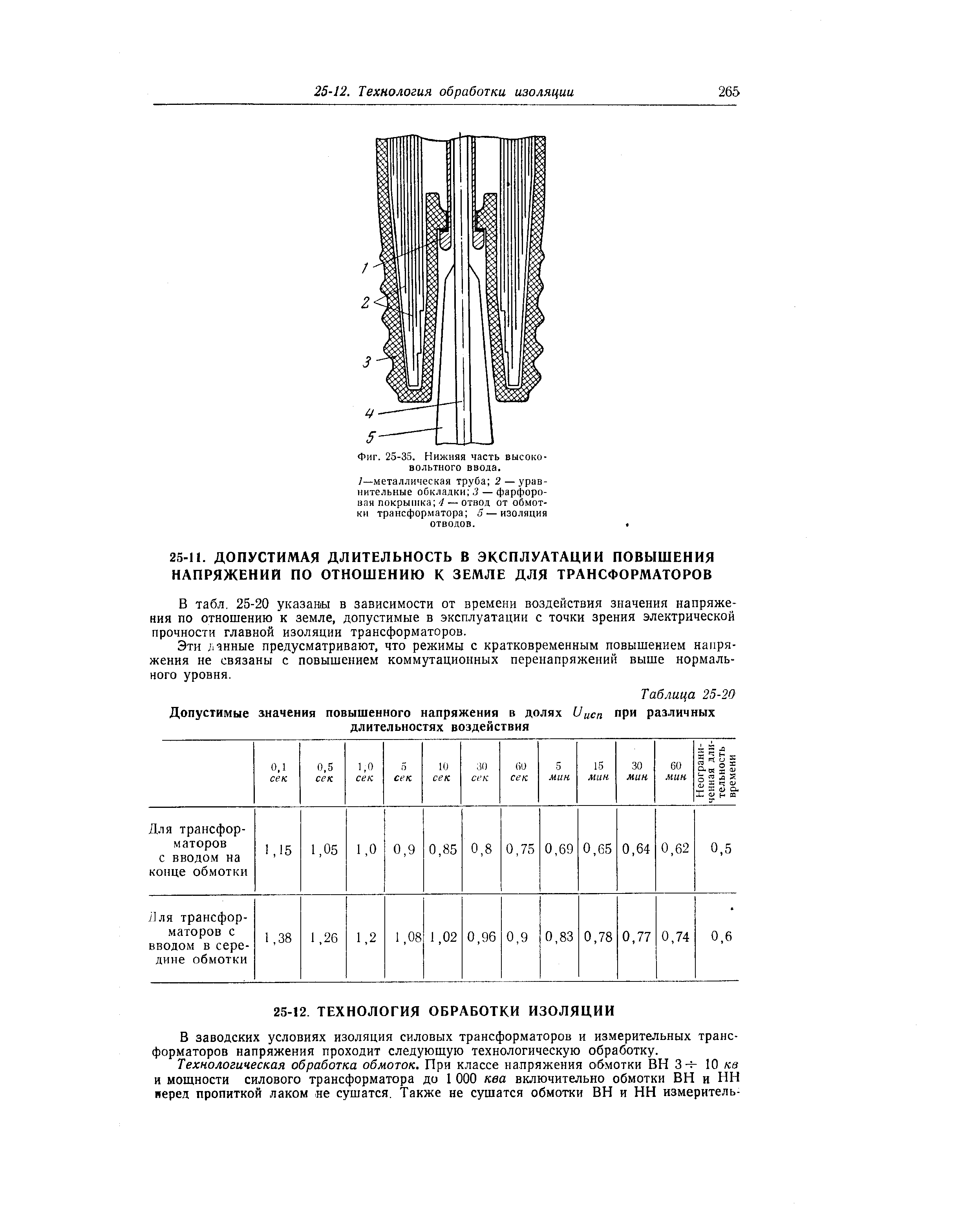 В табл. 25-20 указаны в зависимости от времени воздействия значения напряжения по отношению к земле, допустимые в эксплуатации с точки зрения электрической прочности главной изоляции трансформаторов.
