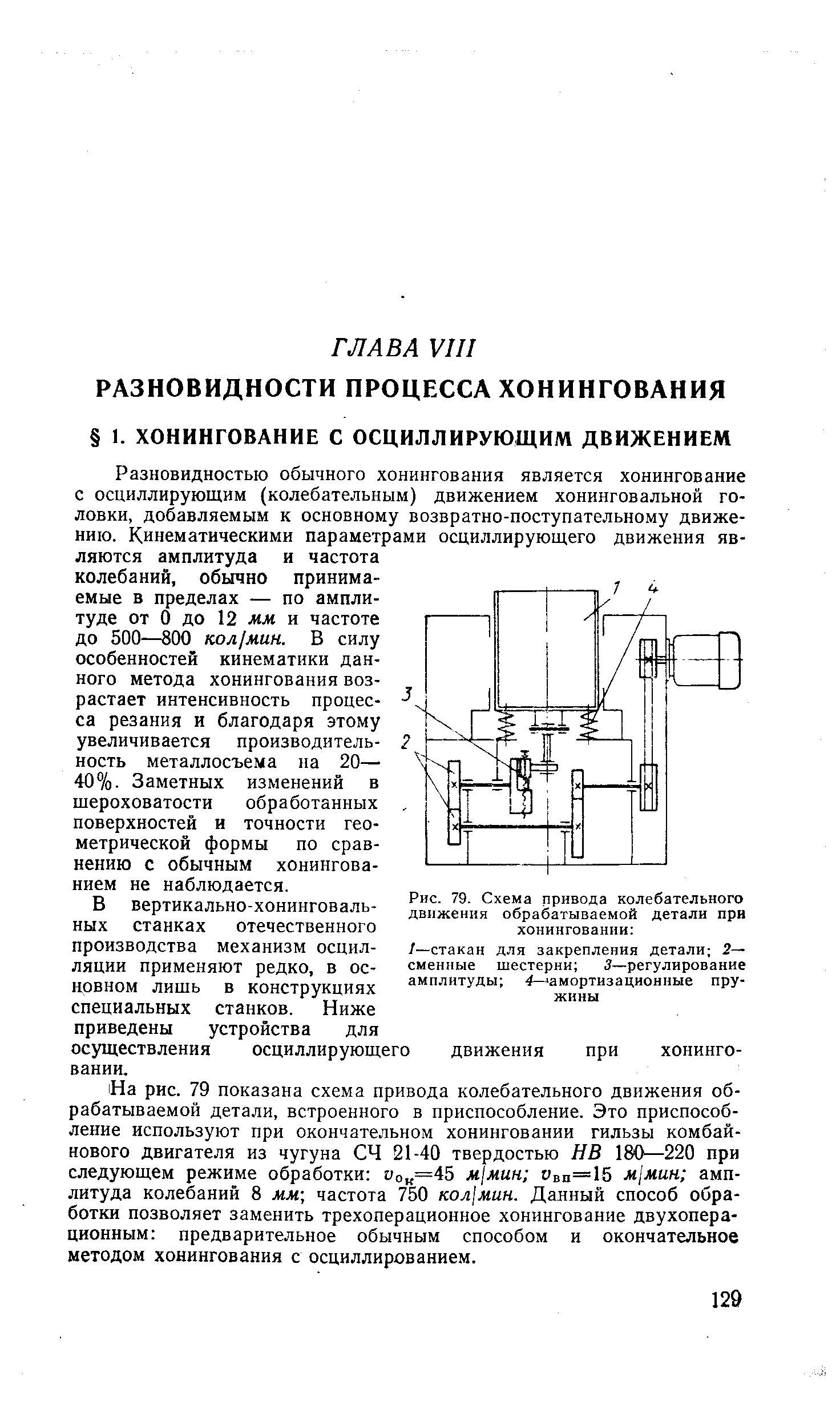 На рис. 79 показана схема привода колебательного движения обрабатываемой детали, встроенного в приспособление. Это приспособление используют при окончательном хонинговании гильзы комбайнового двигателя из чугуна СЧ 21-40 твердостью НВ 180—220 при следующем режиме обработки uo =45 м мин Овп=1б m muh амплитуда колебаний 8 мм-, частота 750 кол мин. Данный способ обработки позволяет заменить трехоперационное хонингование двухоперационным предварительное обычным способом и окончательное методом хонингования с осциллированием.
