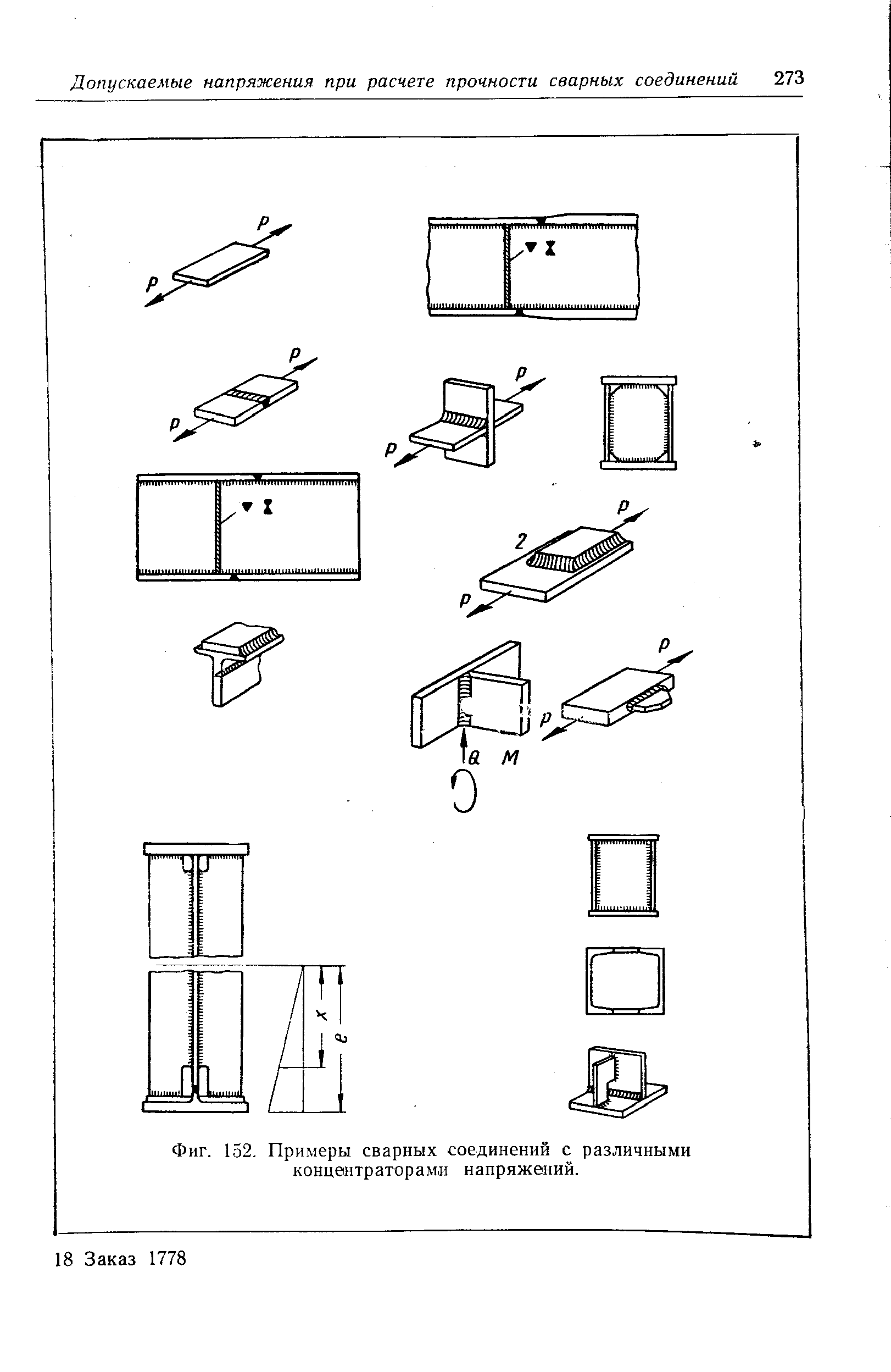 Фиг. 152, Примеры сварных соединений с различными концентраторами напряжений.
