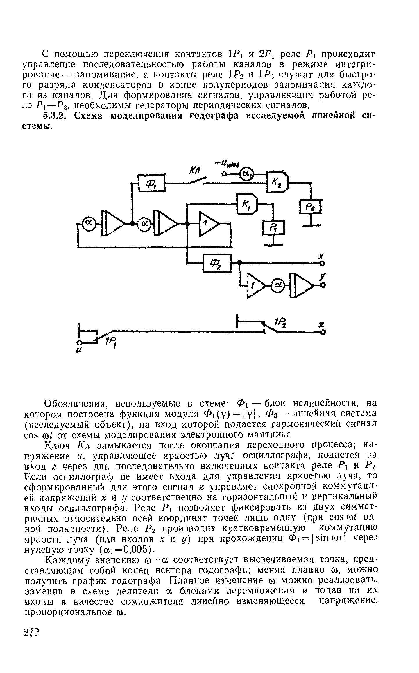 Ключ Кл замыкается после окончания переходного процесса напряжение и, управляющее яркостью луча осциллографа, подается на вход г через два последовательно включенных контакта реле Р, и Р2 Если осциллограф не имеет входа для управления яркостью луча, то сформированный для этого сигнал г управляет синхронной коммутацией напряжений хну соответственно на горизонтальный и вертикальный входы осциллографа. Реле Р, позволяет фиксировать из двух симметричных относительно осей координат точек лишь одну (прн os (at од нон полярности). Реле Рч производит кратковременную коммутацию яркости луча (или входов х к у) при прохождении i i= sin oil через нулевую точку (ai=0,005).

