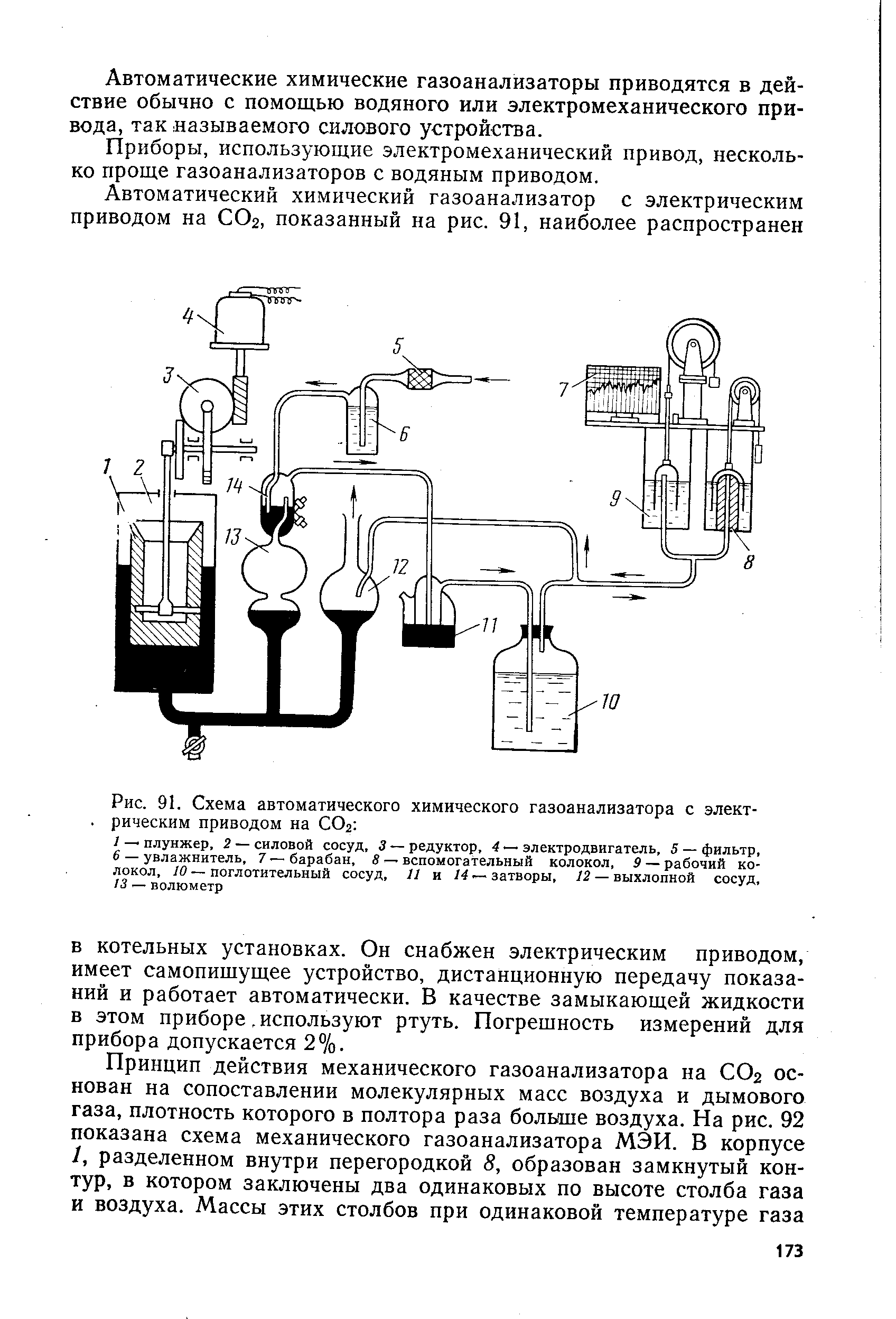 Рис. 91. Схема автоматического химического газоанализатора с электрическим приводом на СОг 
